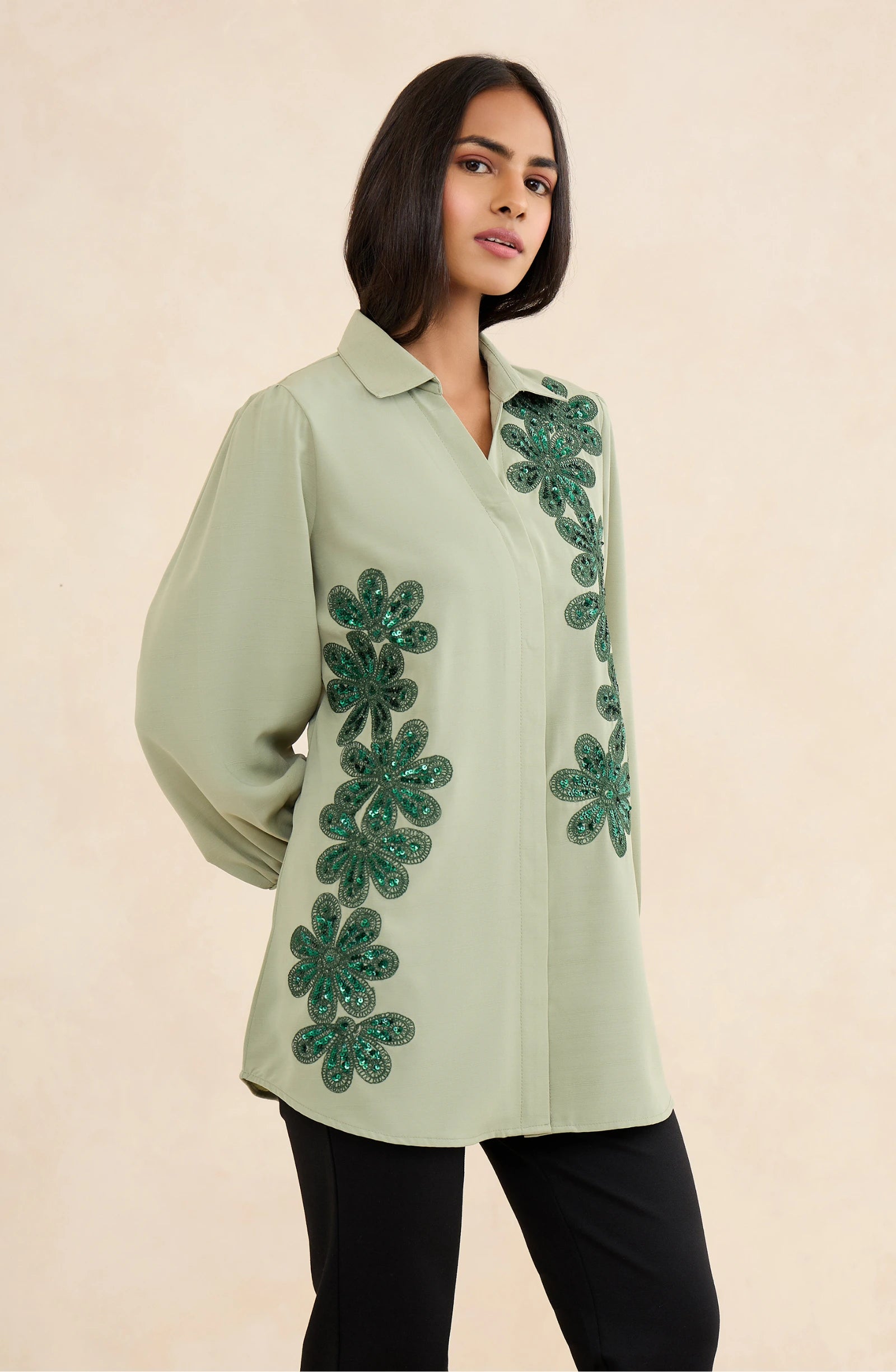 Sage Green Cascade Embellished Shirt