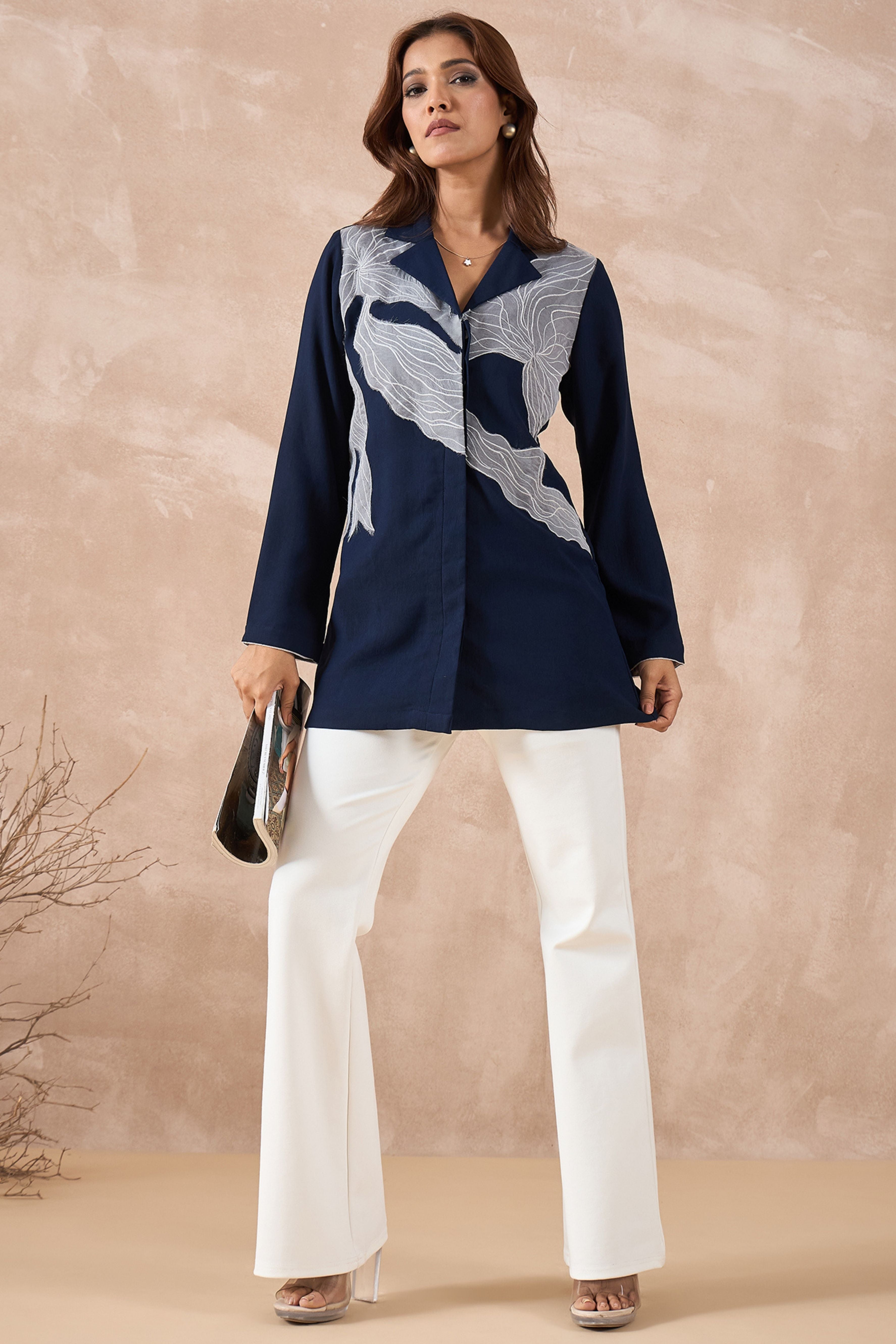 Navy Blue Abstract Embroidered Shirt