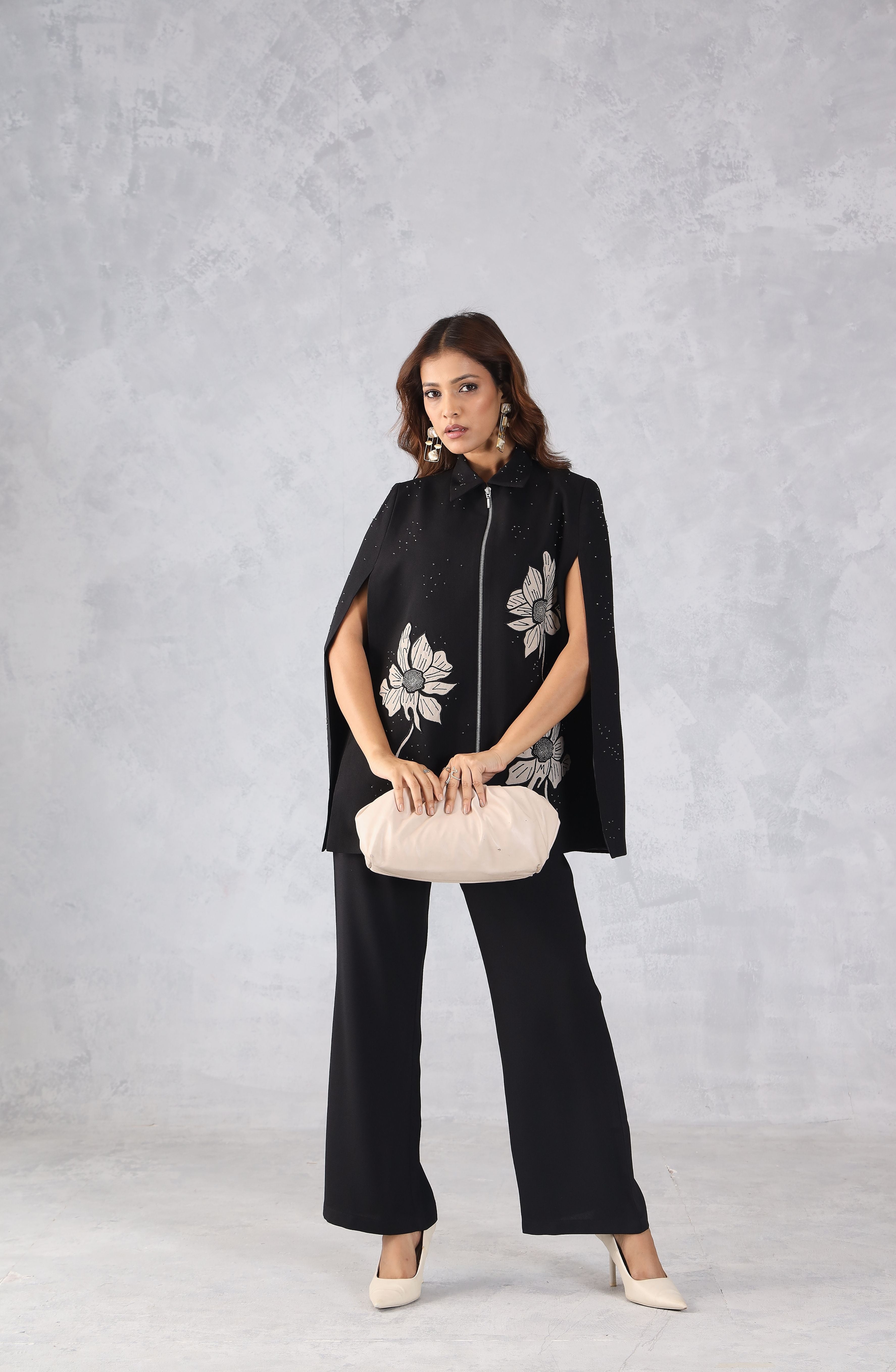 Black Embroidered Cape Style Co-Ord Set