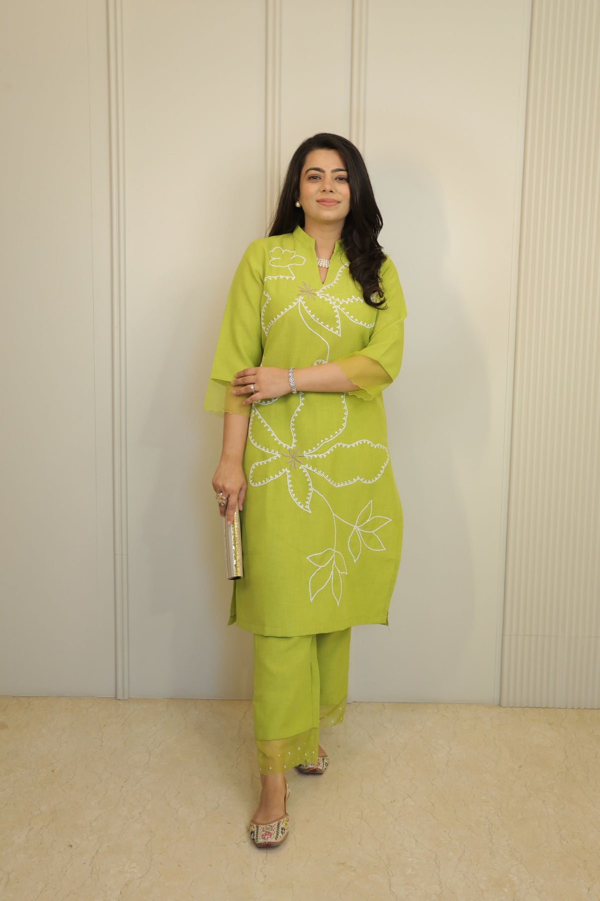 Lime Green Floral Embroidered Kurta Set