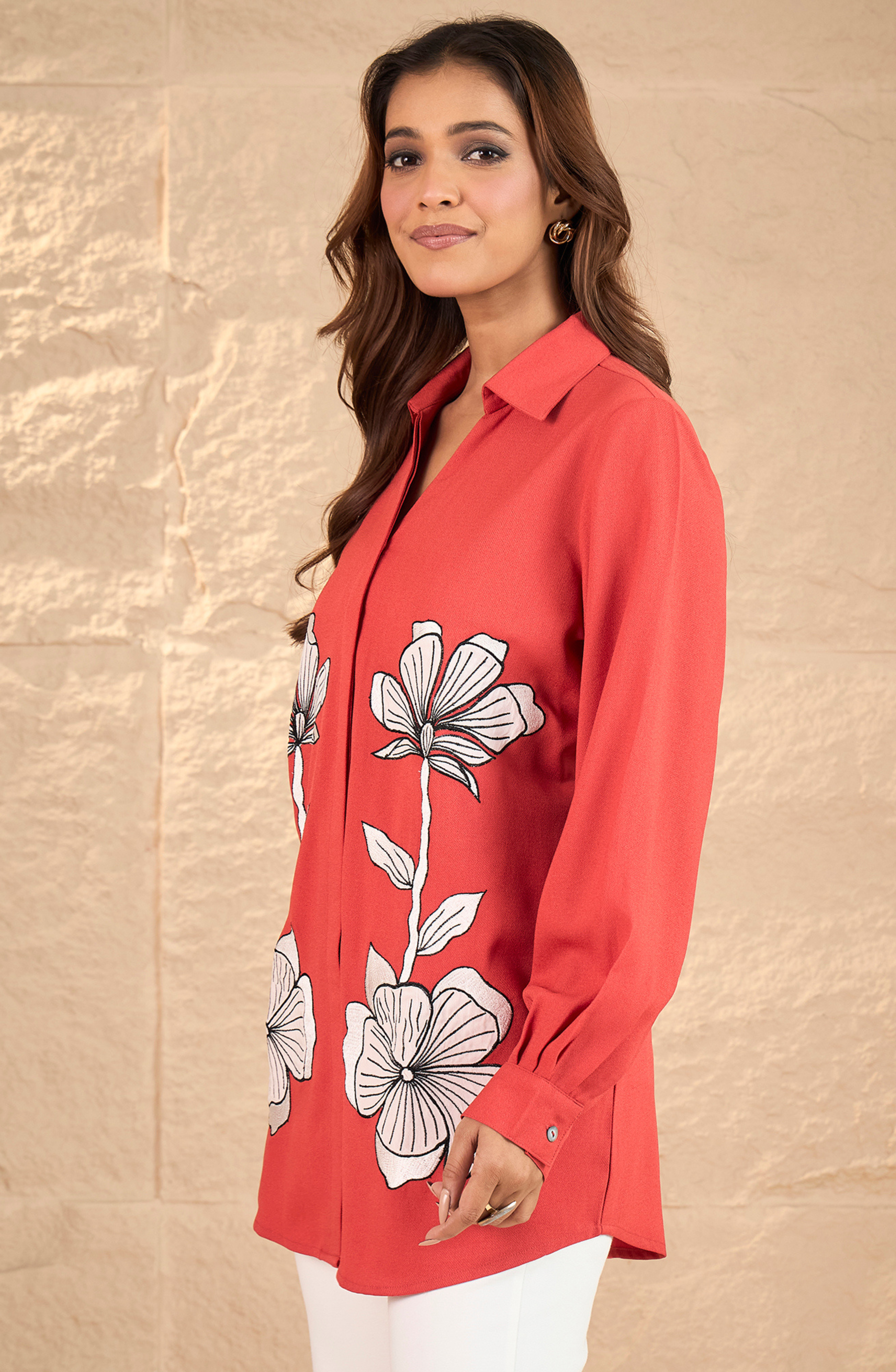 Coral Orange Patch Work Shirt