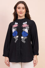 Black Shirt with Multicolour Floral Applique