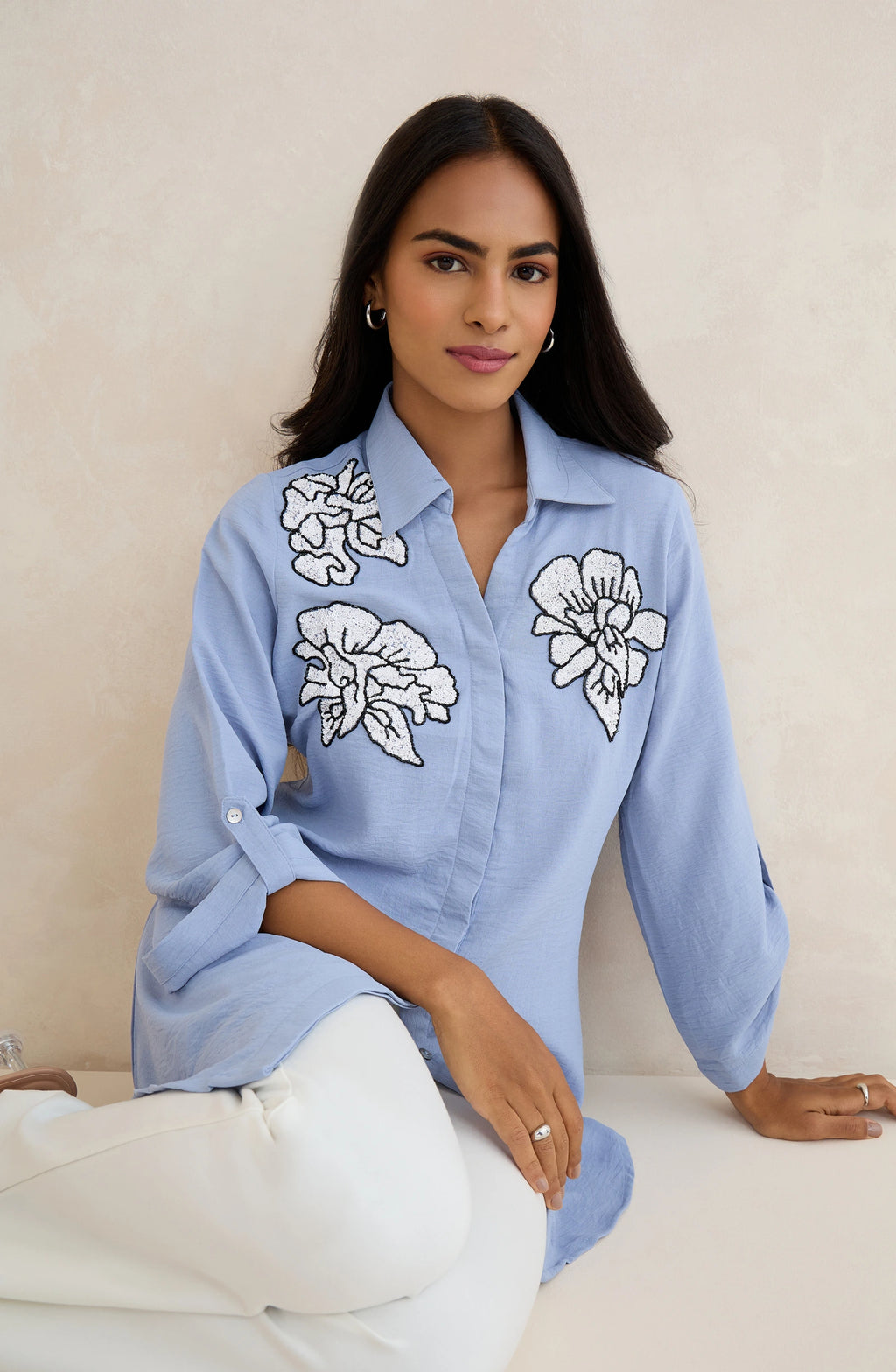 Sky Blue Floral Embellished Shirt