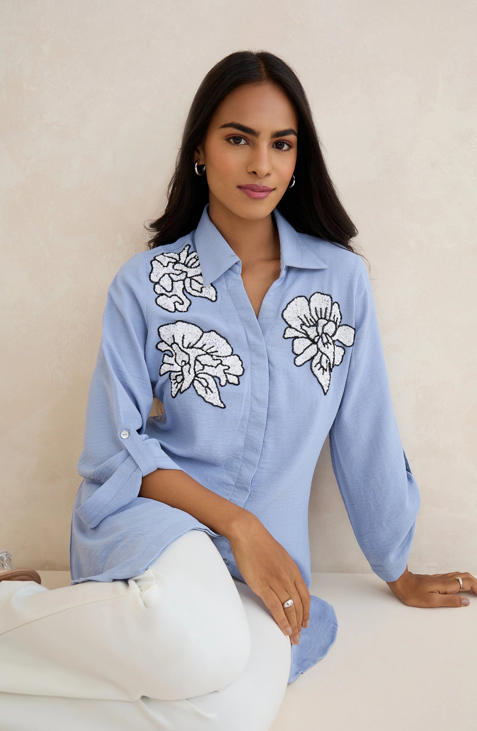 Sky Blue Floral Embellished Shirt