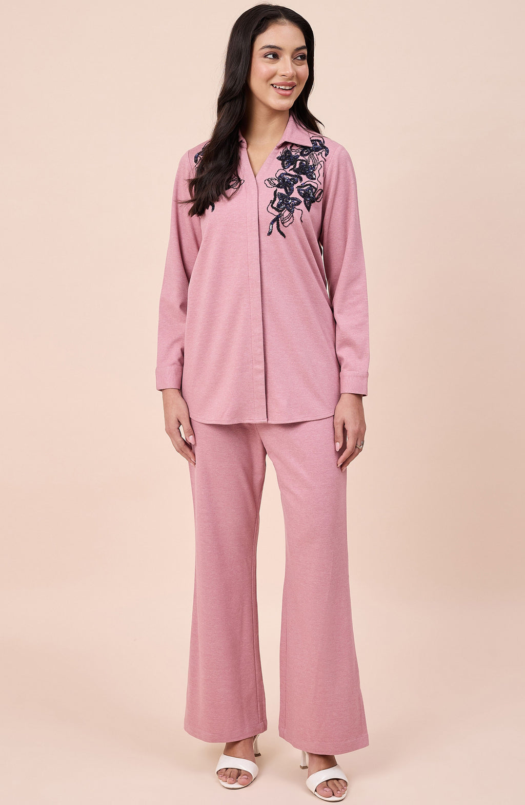 Dusty Pink Winter Co-ord Set with Navy Sequin Floral Embroidery