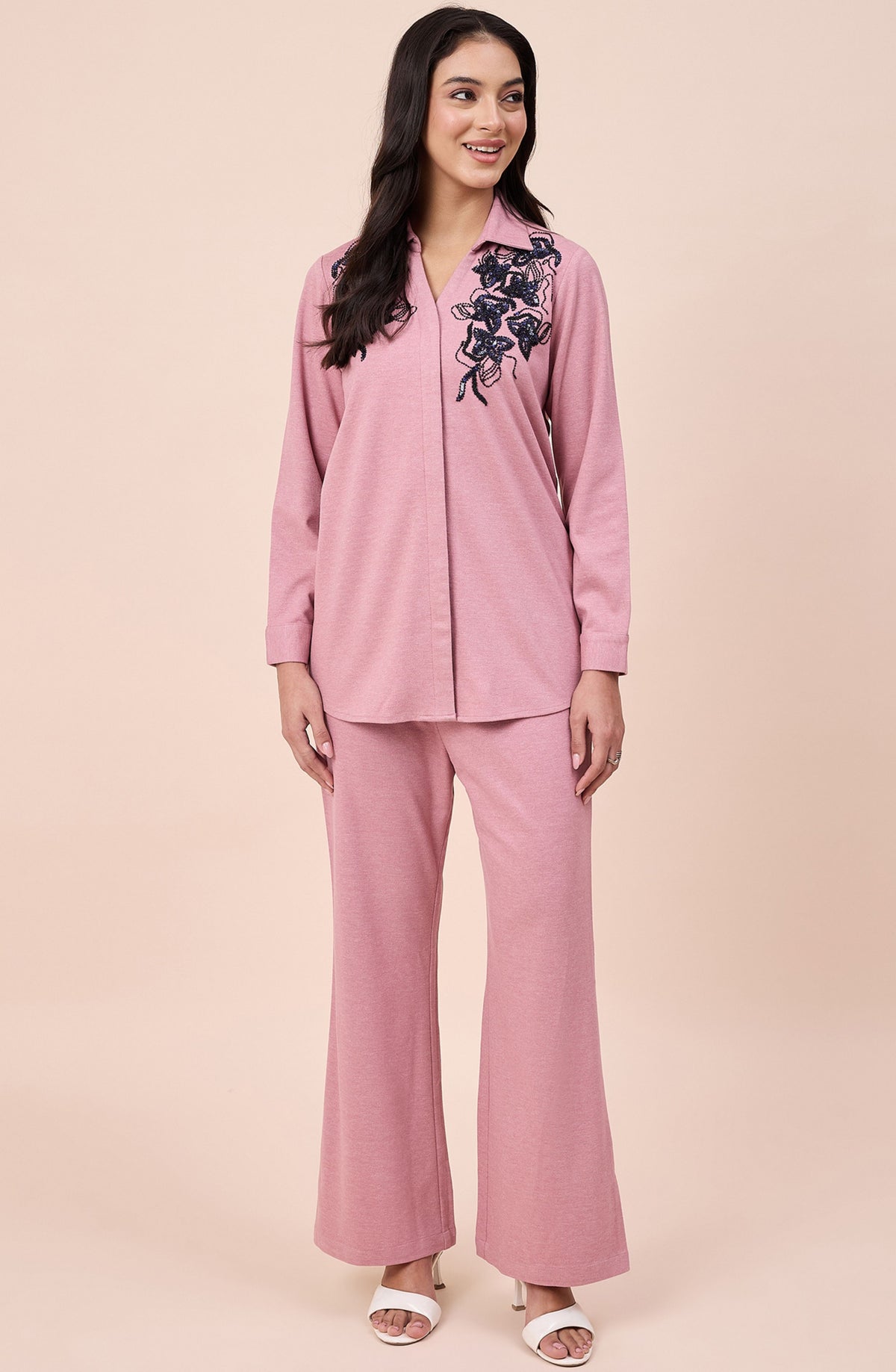 Dusty Pink Winter Co-ord Set with Navy Sequin Floral Embroidery