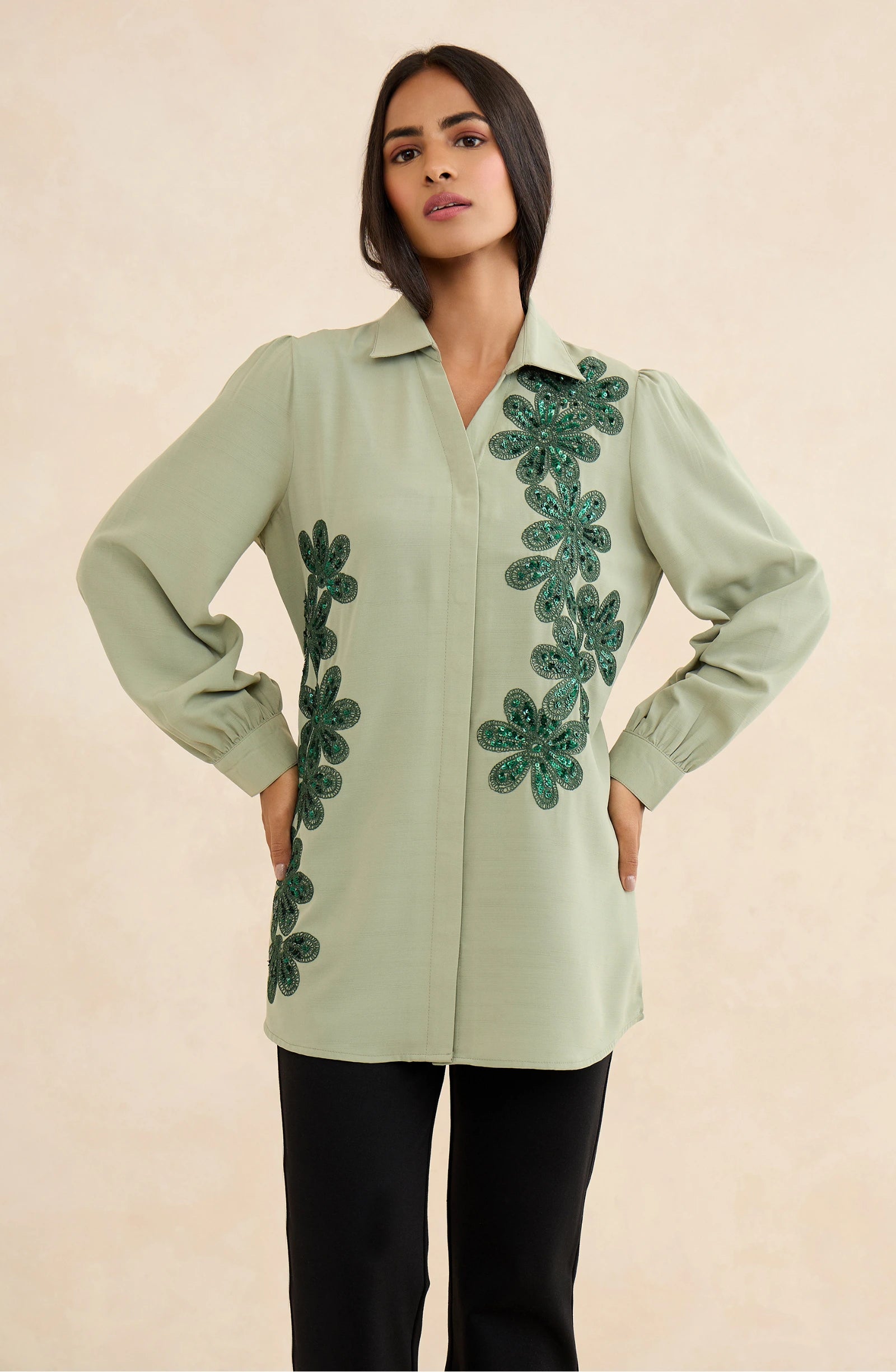 Sage Green Cascade Embellished Shirt