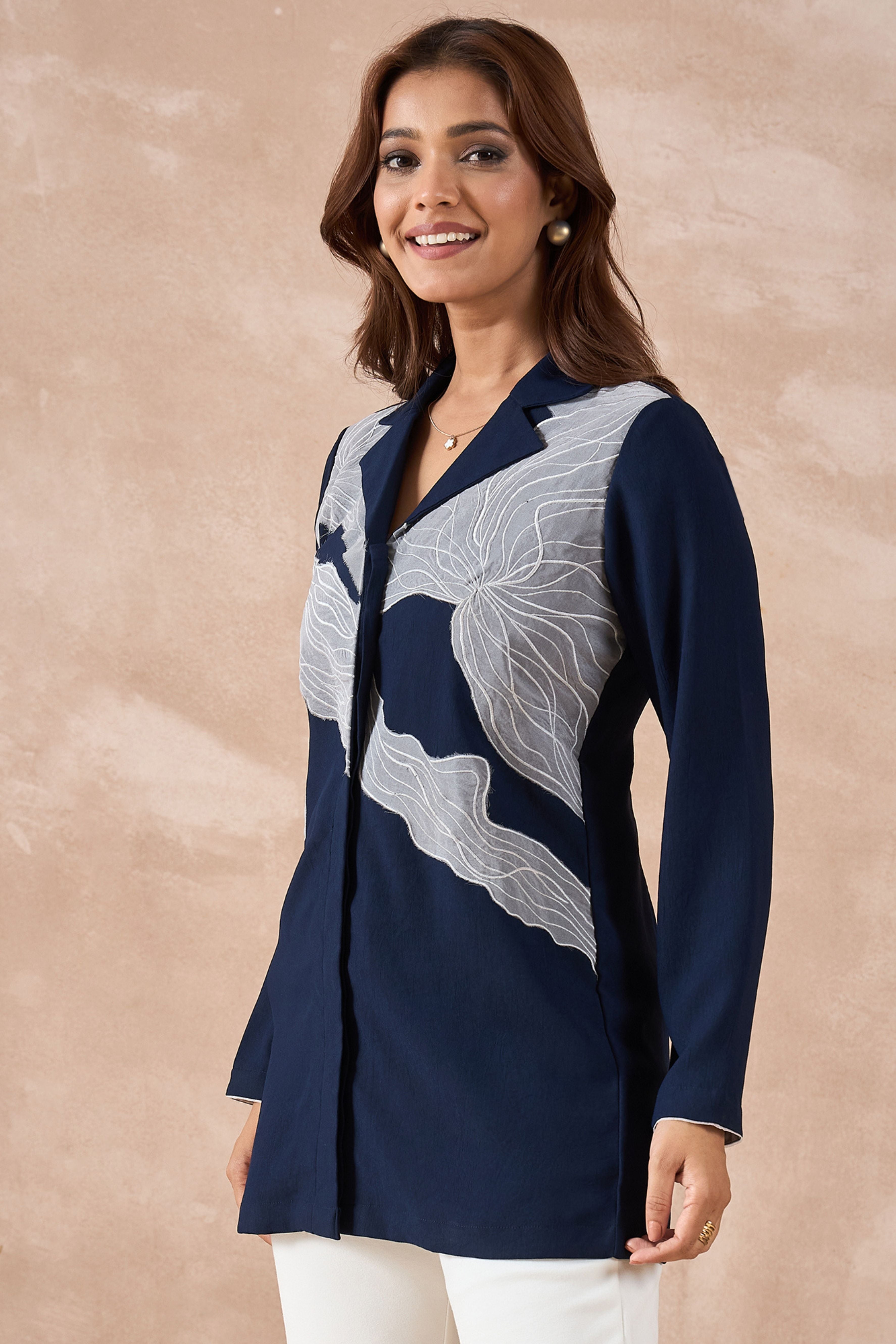 Navy Blue Abstract Embroidered Shirt