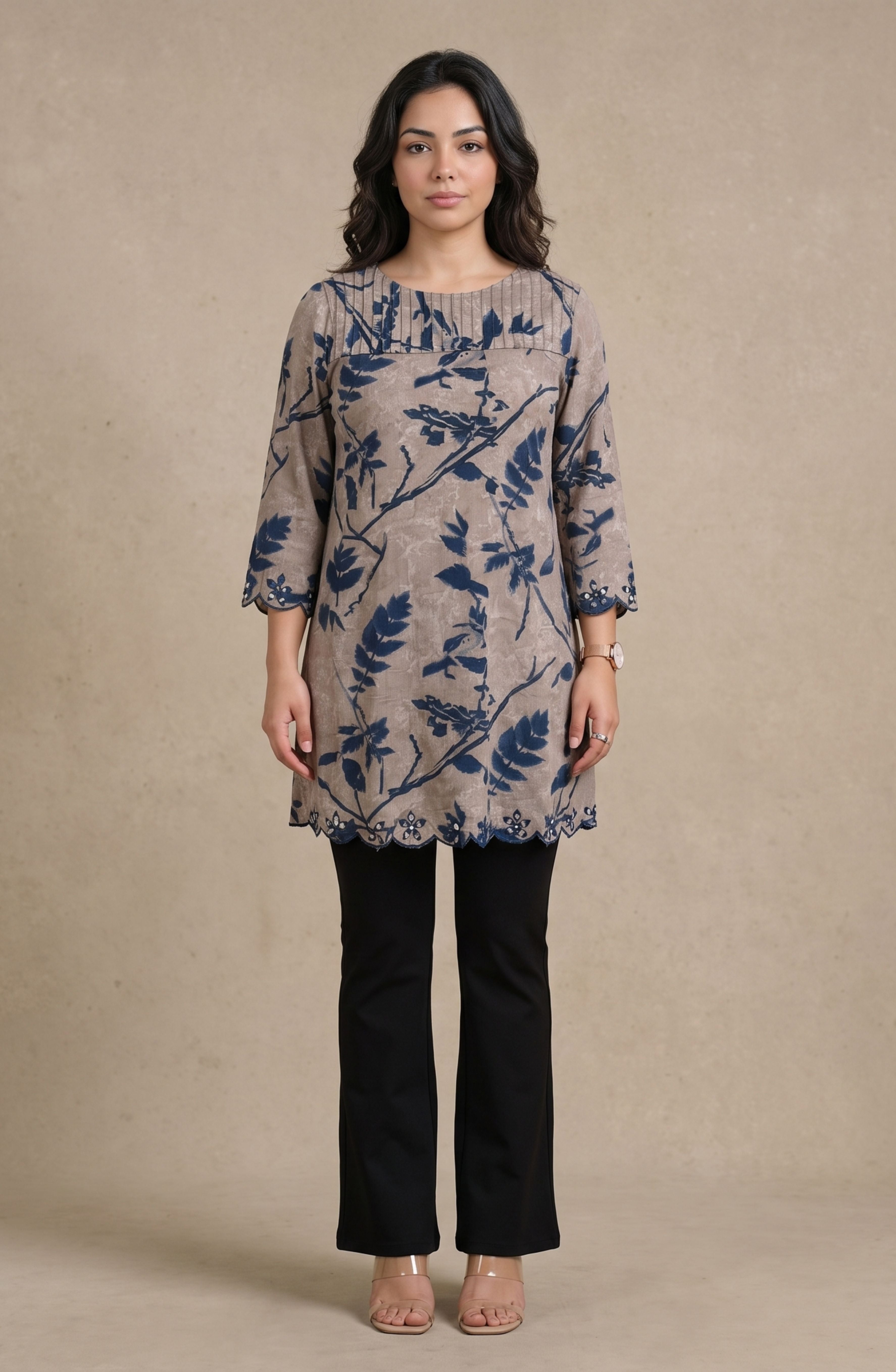 Taupe Leaf Print Tunic Top