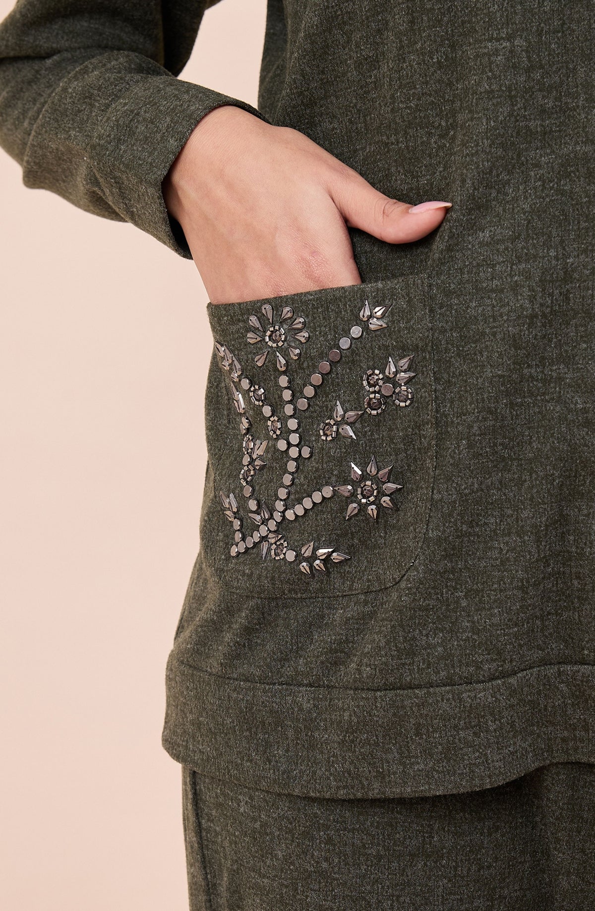 Olive Stone Embellished Woollen Co-ord Set