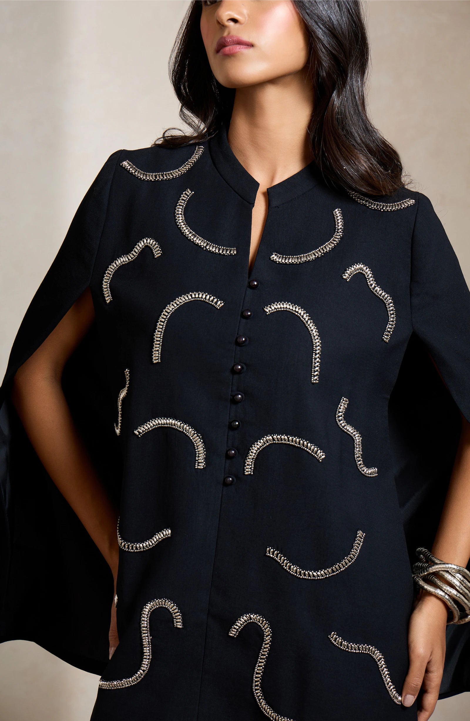 Black Abstract Embellished Cape Top