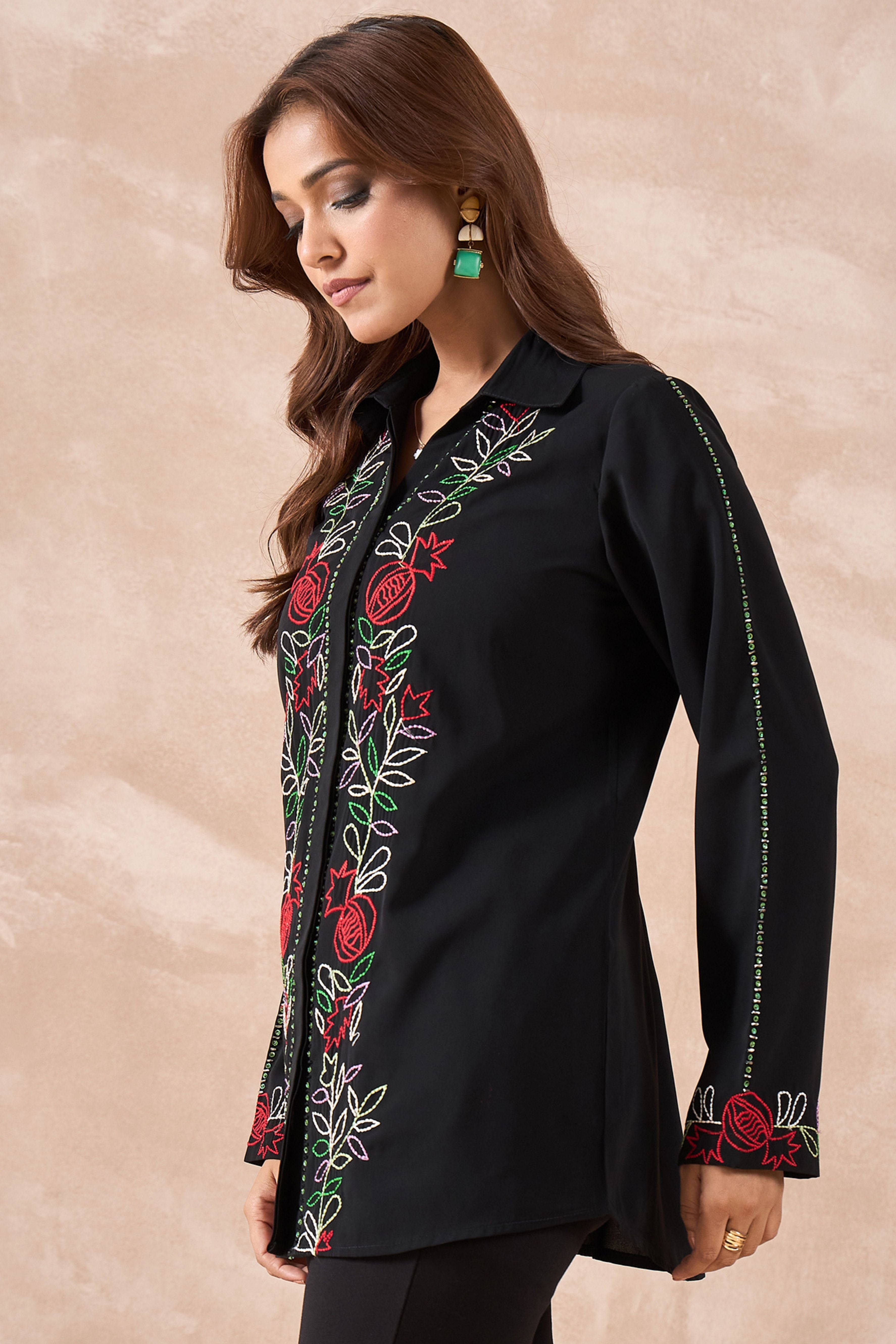 Floral Embroidered Black Shirt