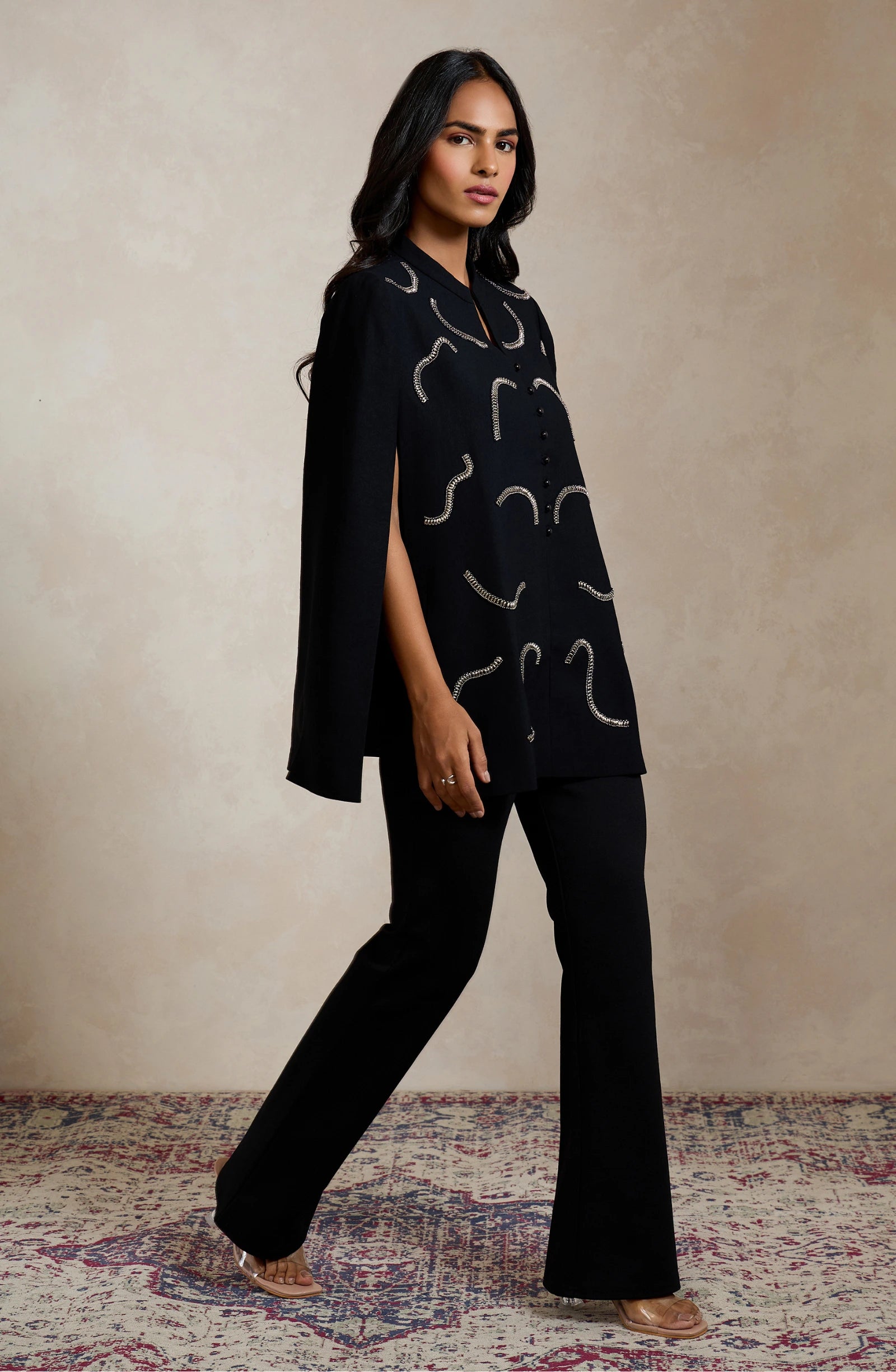 Black Abstract Embellished Cape Top