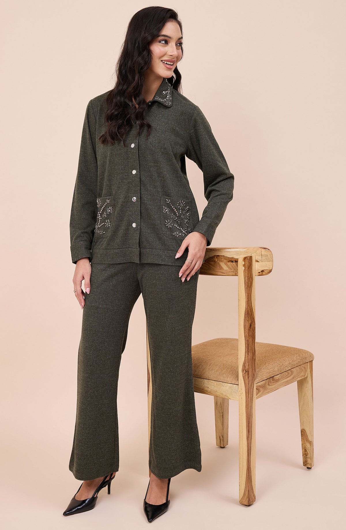 Olive Stone Embellished Woollen Co-ord Set