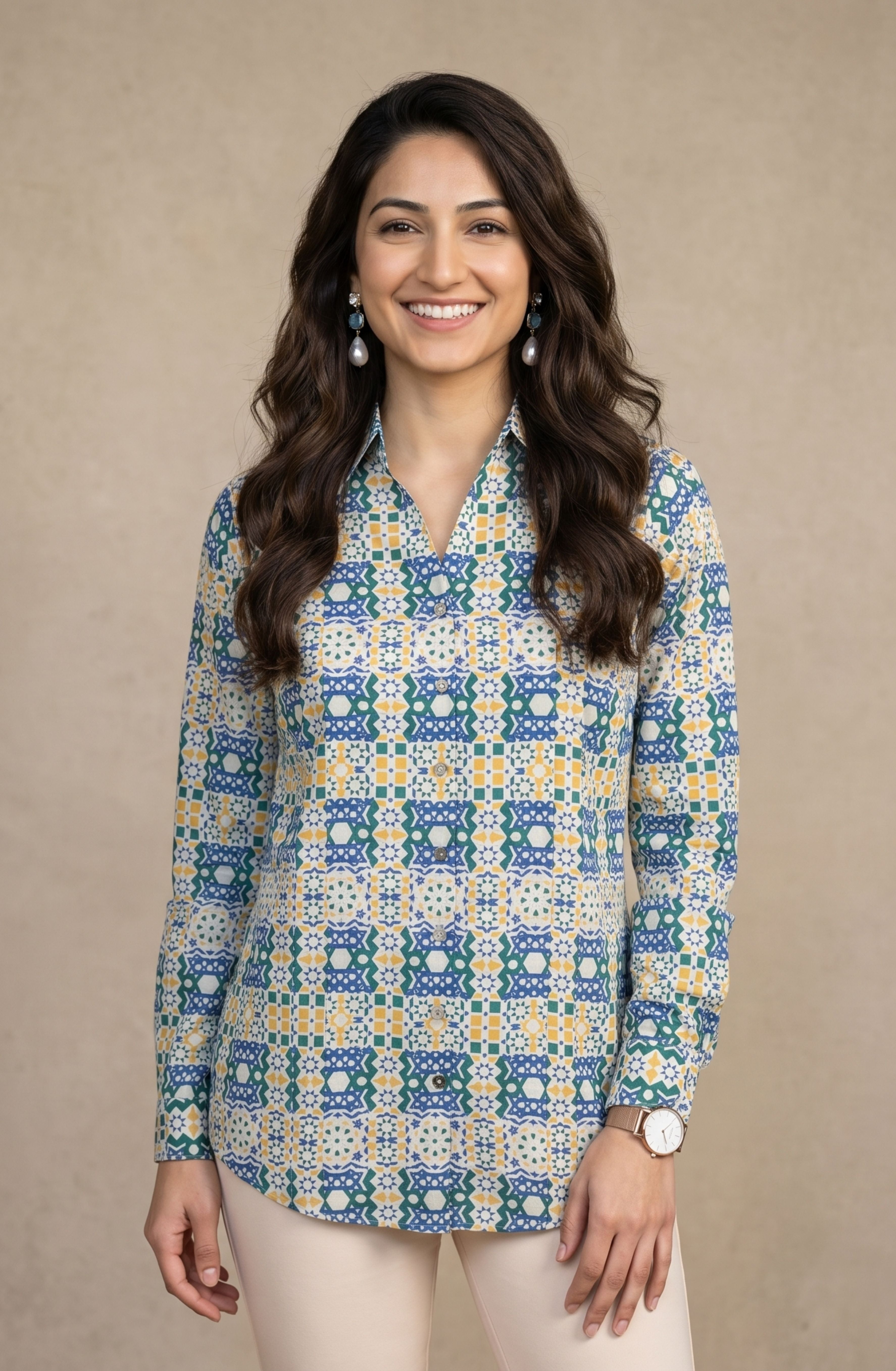 Blue Green Geometric Print Shirt