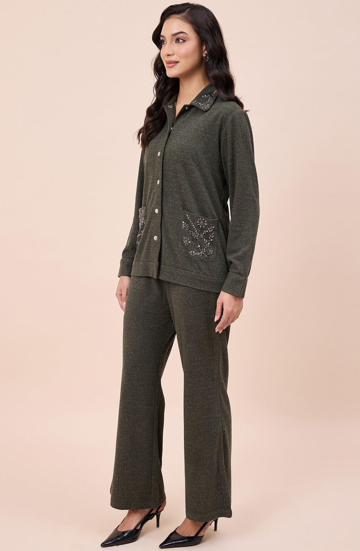 Olive Stone Embellished Woollen Co-ord Set