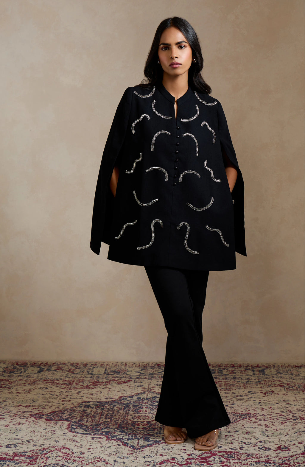 Black Abstract Embellished Cape Top