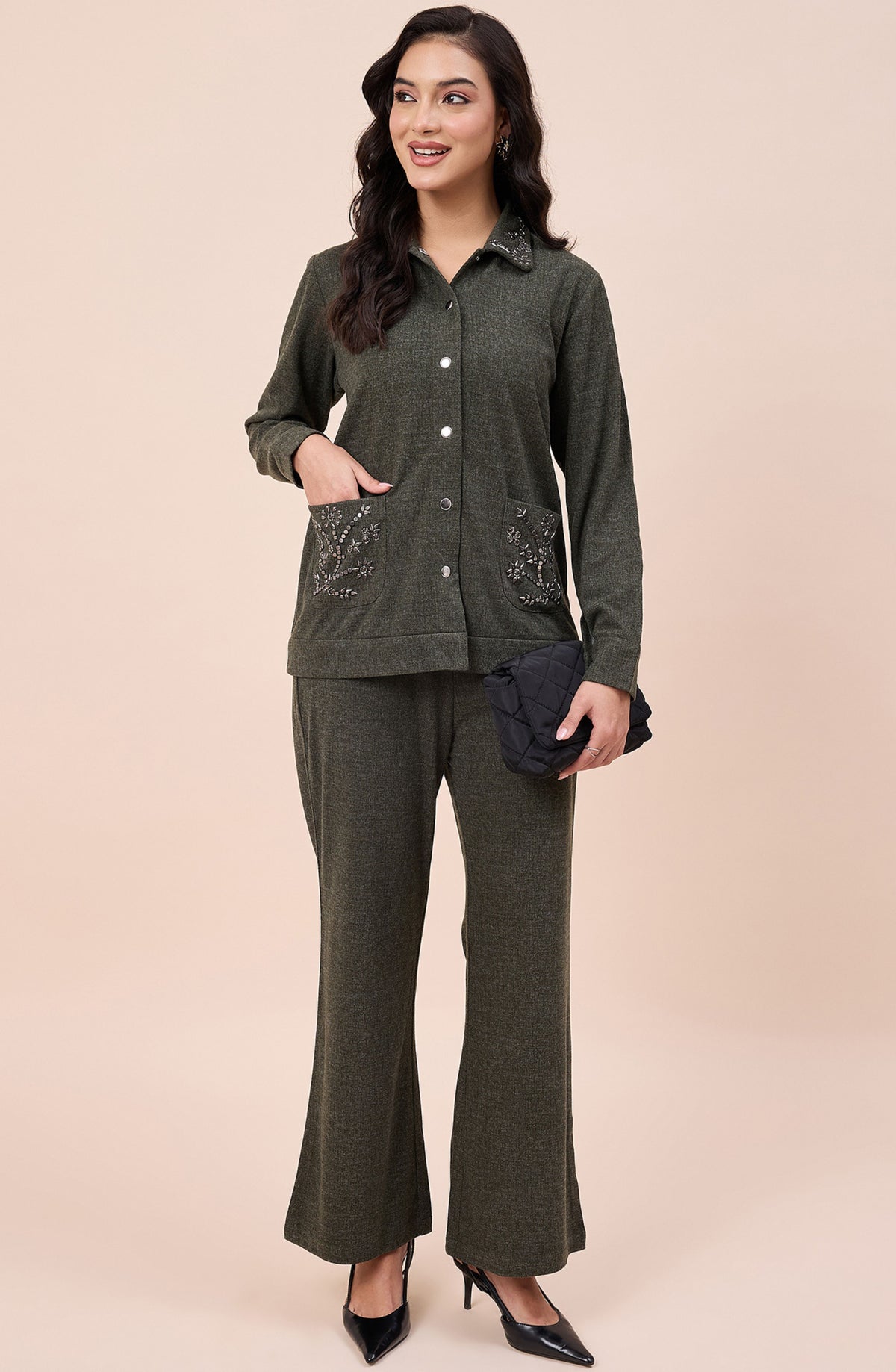Olive Stone Embellished Woollen Co-ord Set