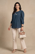 Teal Embroidered Puff Sleeve Top