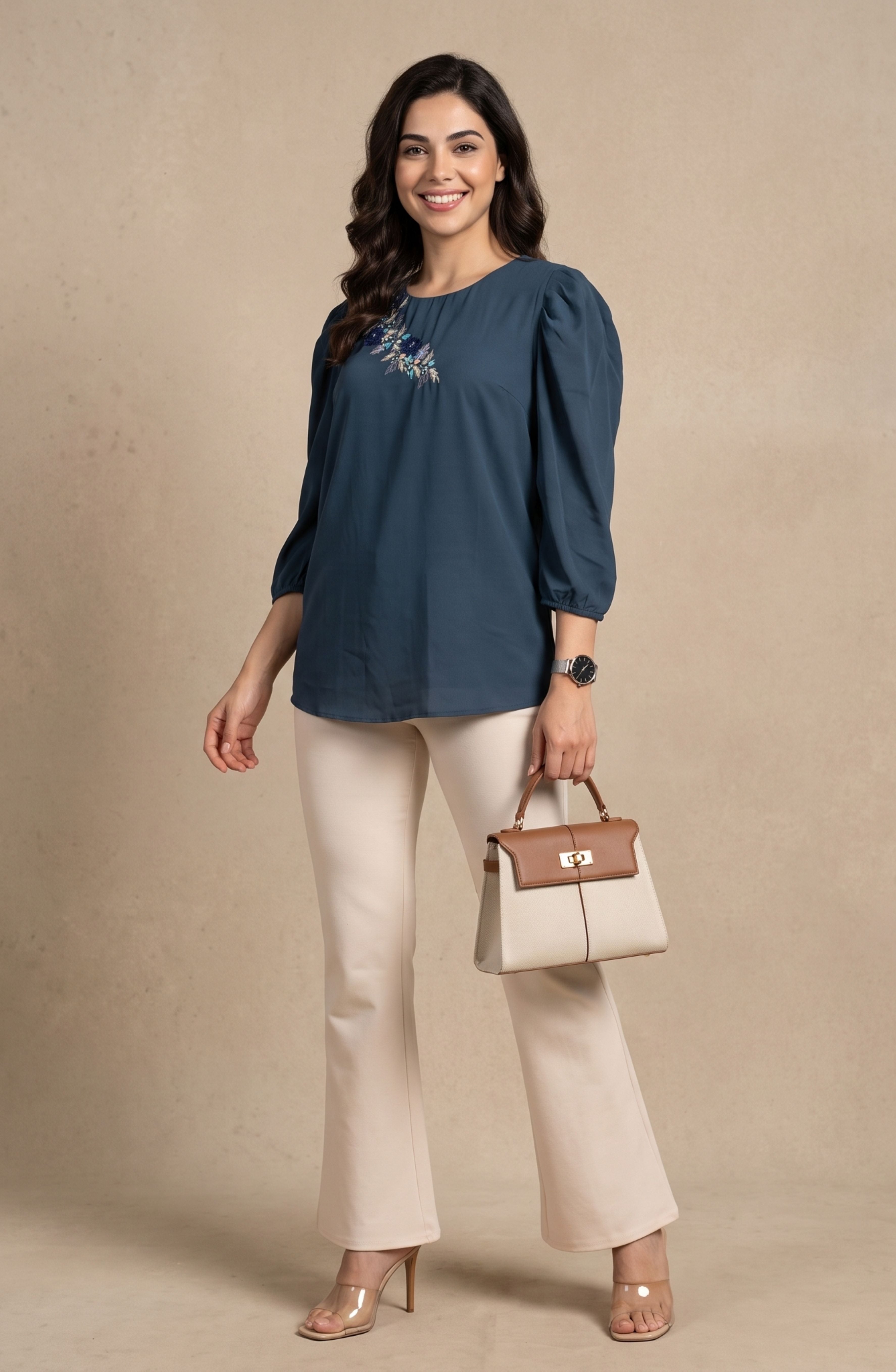 Teal Embroidered Puff Sleeve Top