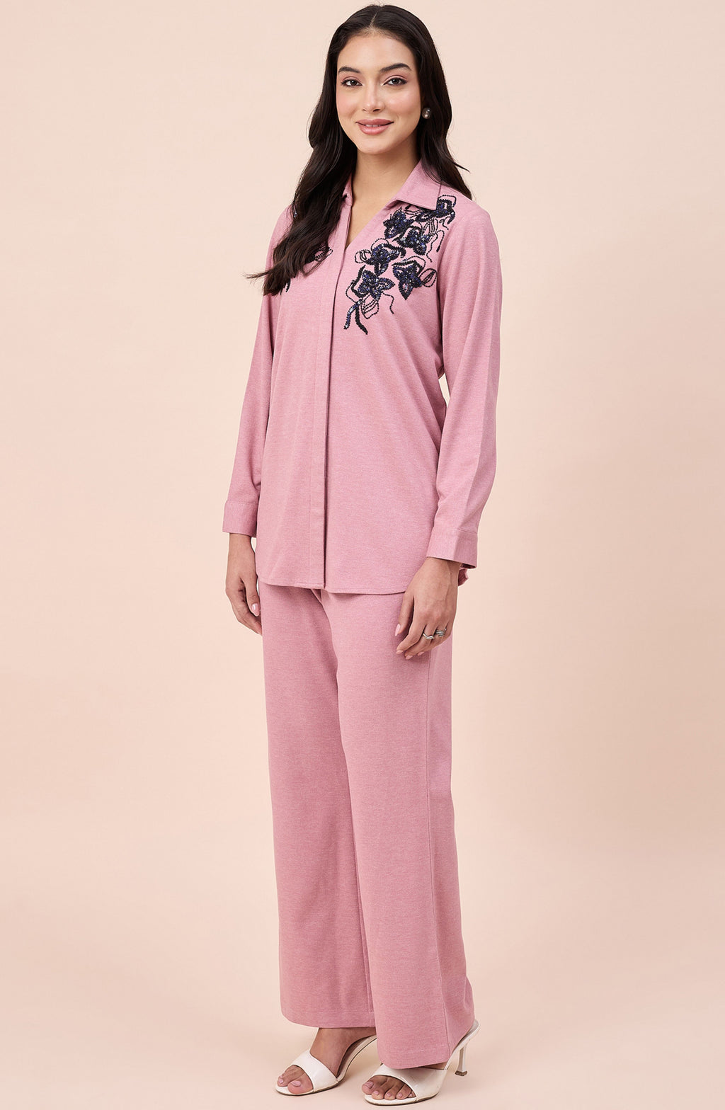 Dusty Pink Winter Co-ord Set with Navy Sequin Floral Embroidery
