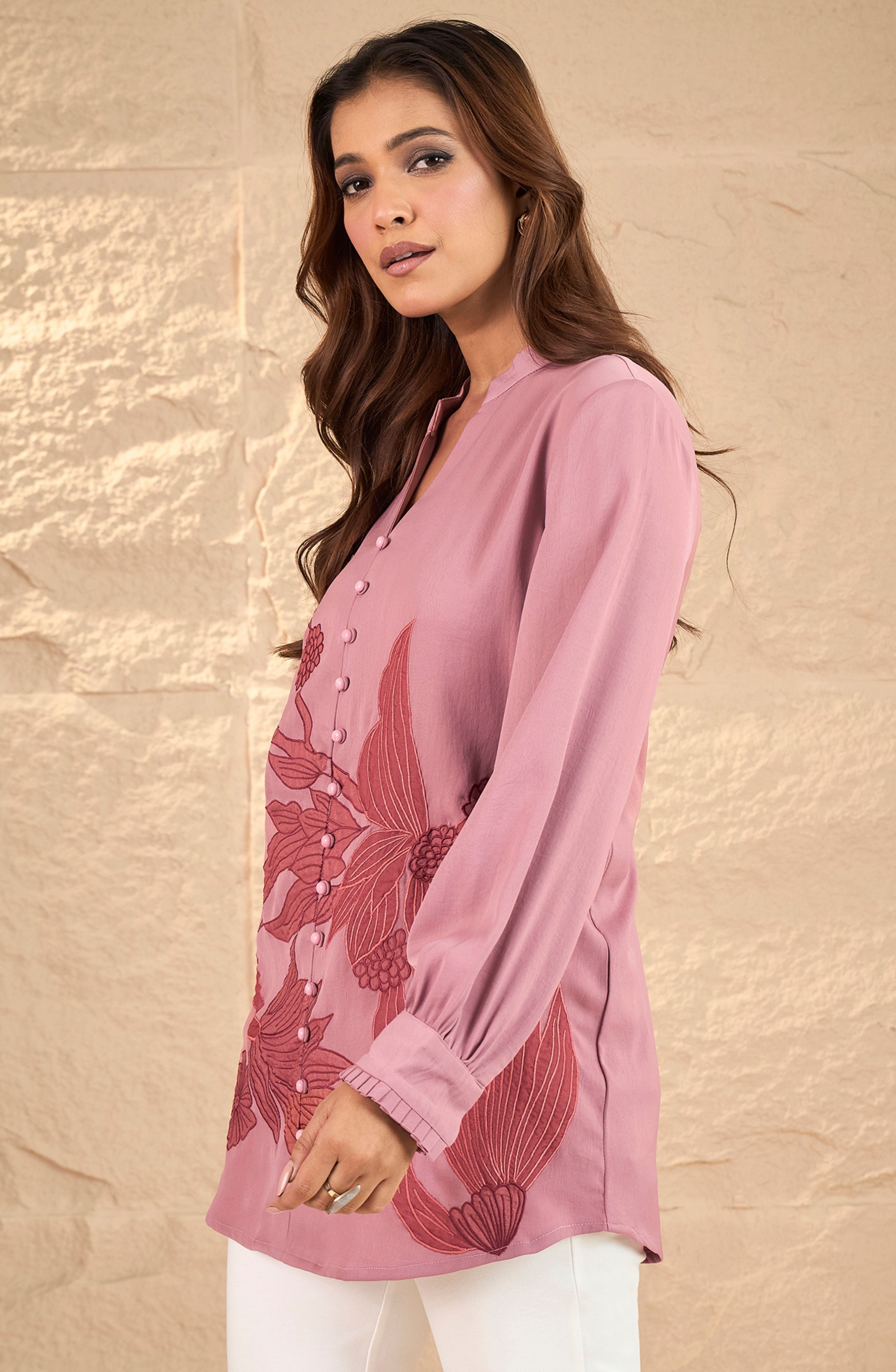 Blush Pink Floral Embroidered Shirt