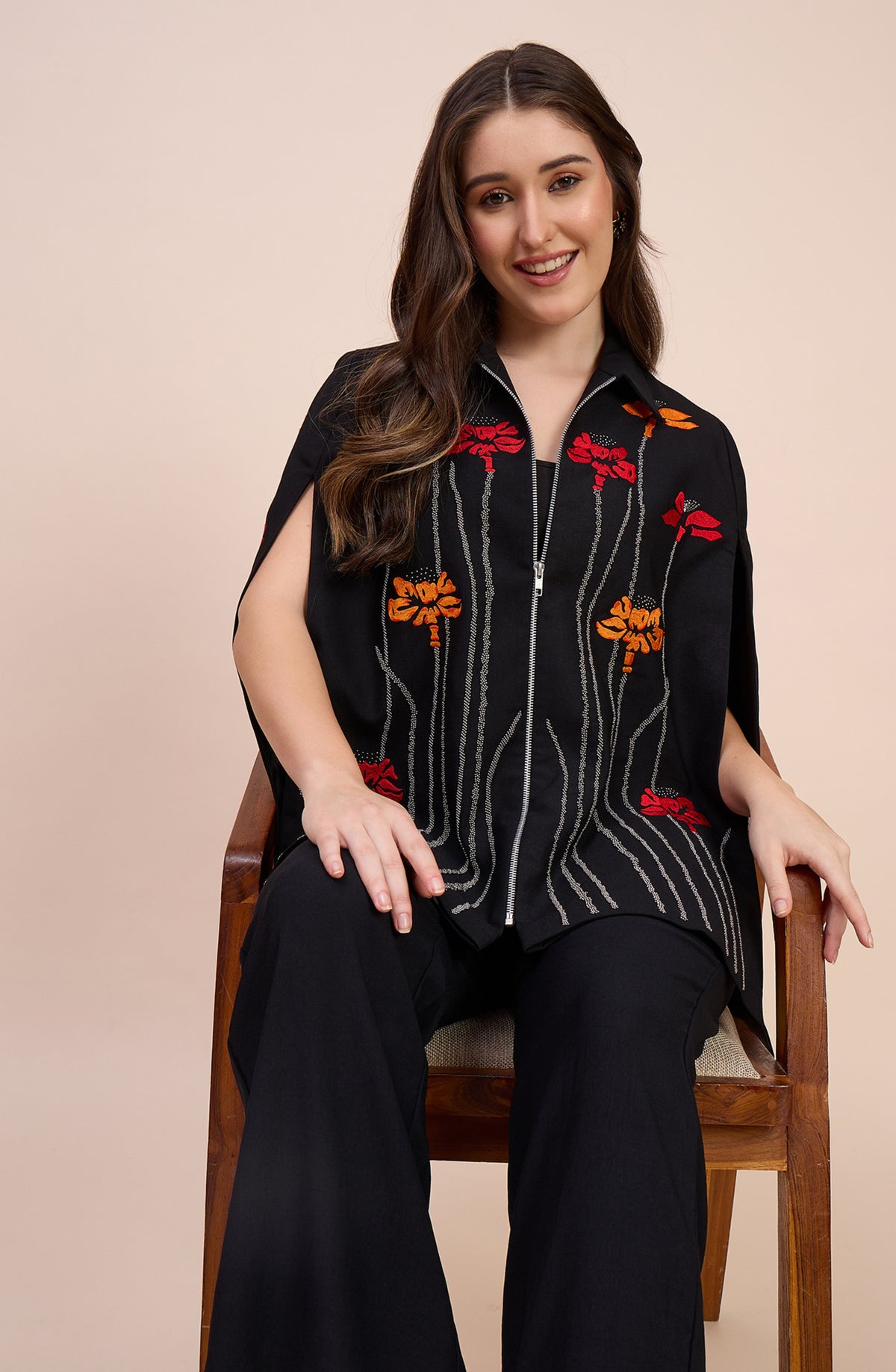 Black Floral Embellished Cape Co-Ord Set
