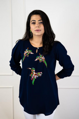 Navy Blue Shirt with Multicolor Bird Embroidery