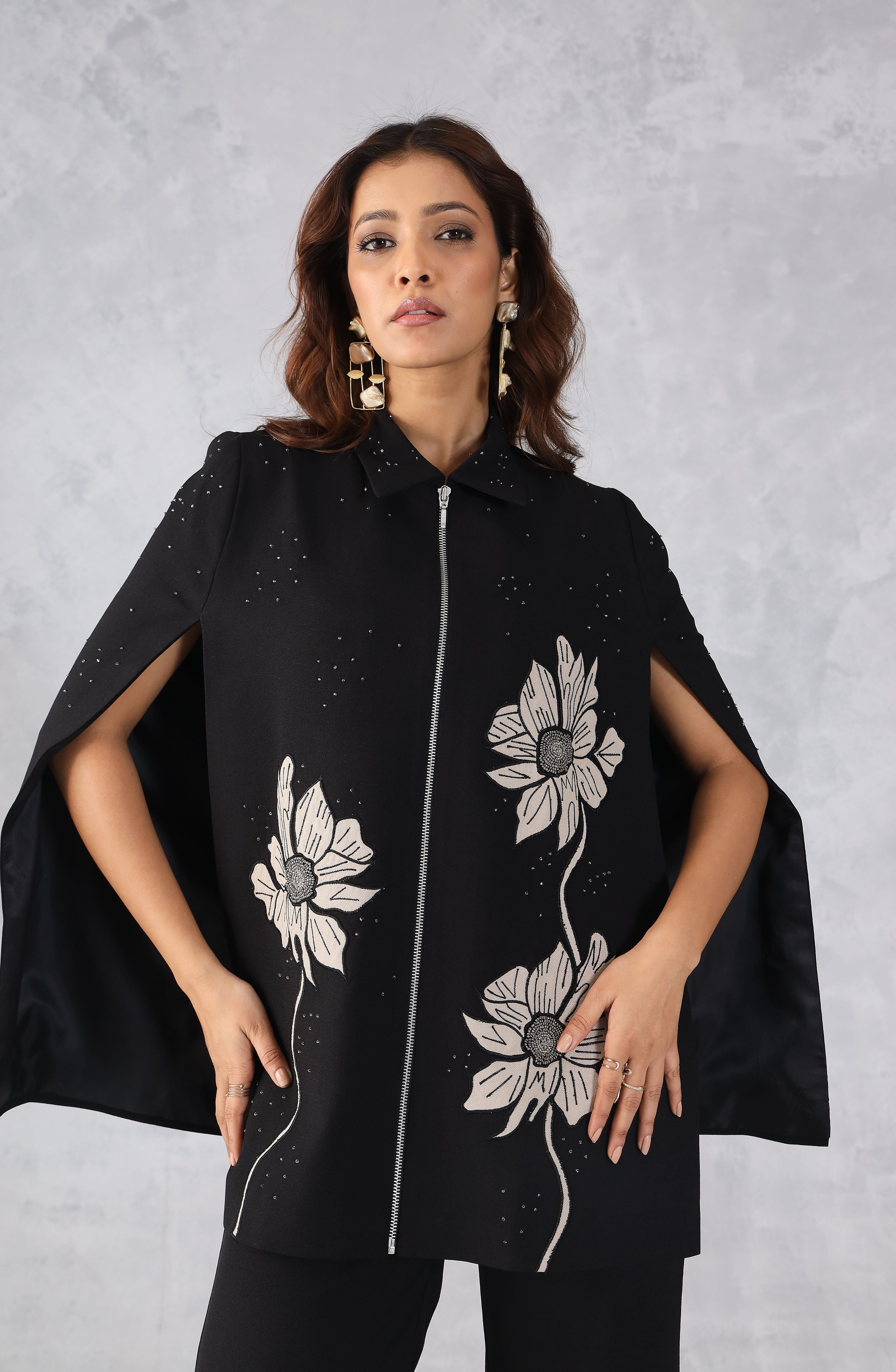 Black Embroidered Cape Style Co-Ord Set