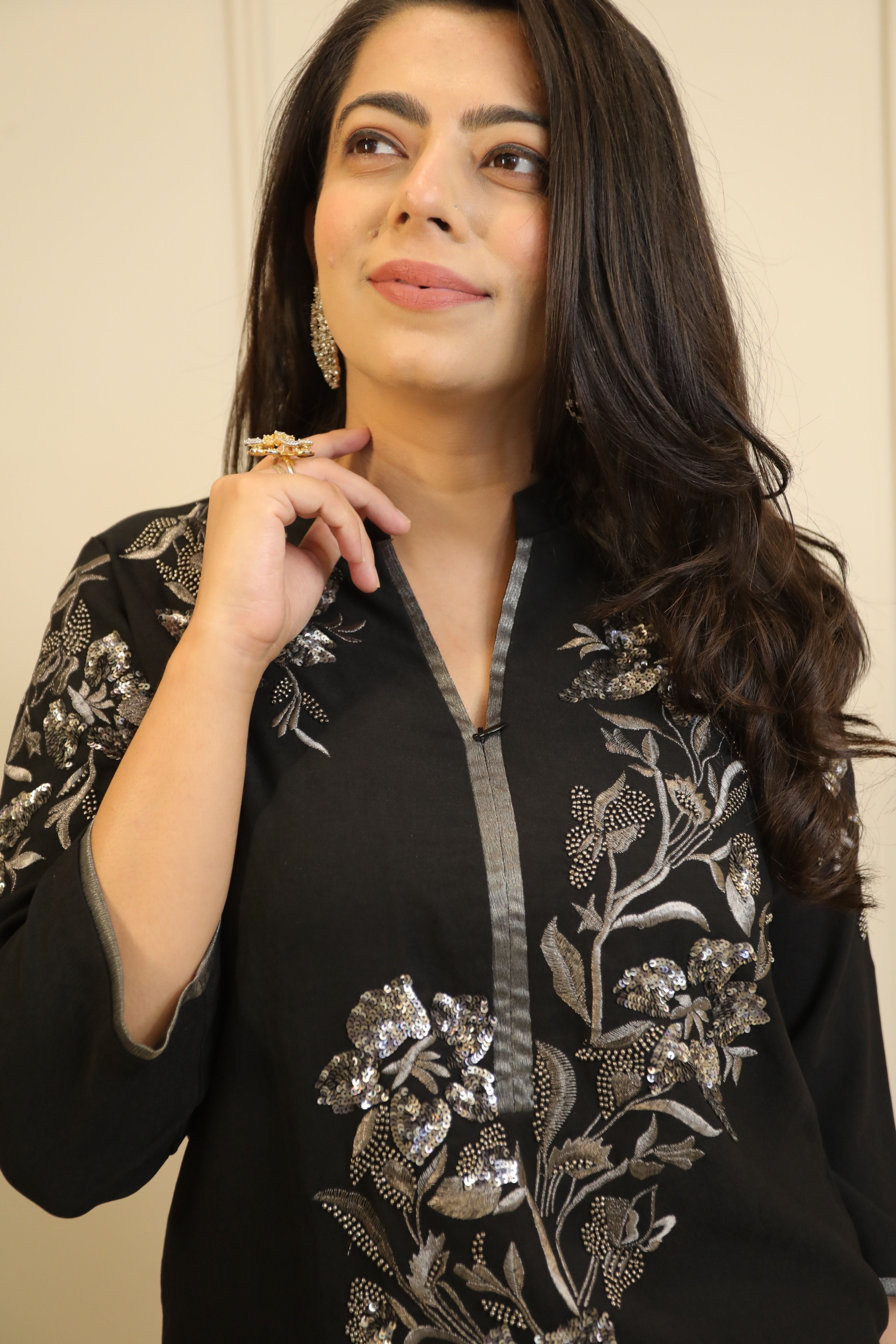 Black and Silver Floral Embellished Co-Ord Set