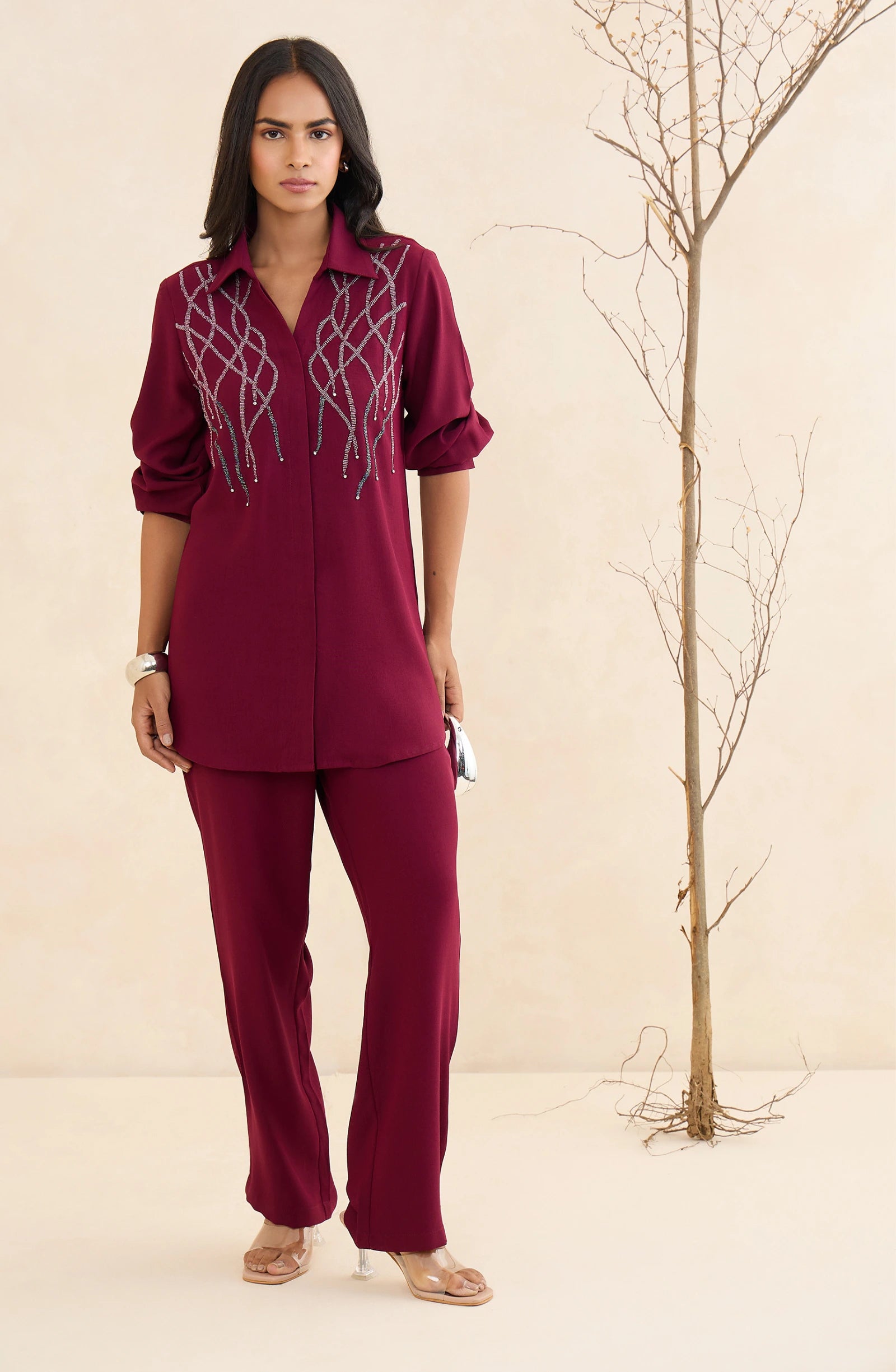 Wine Elegant Embellished Co-Ord Set