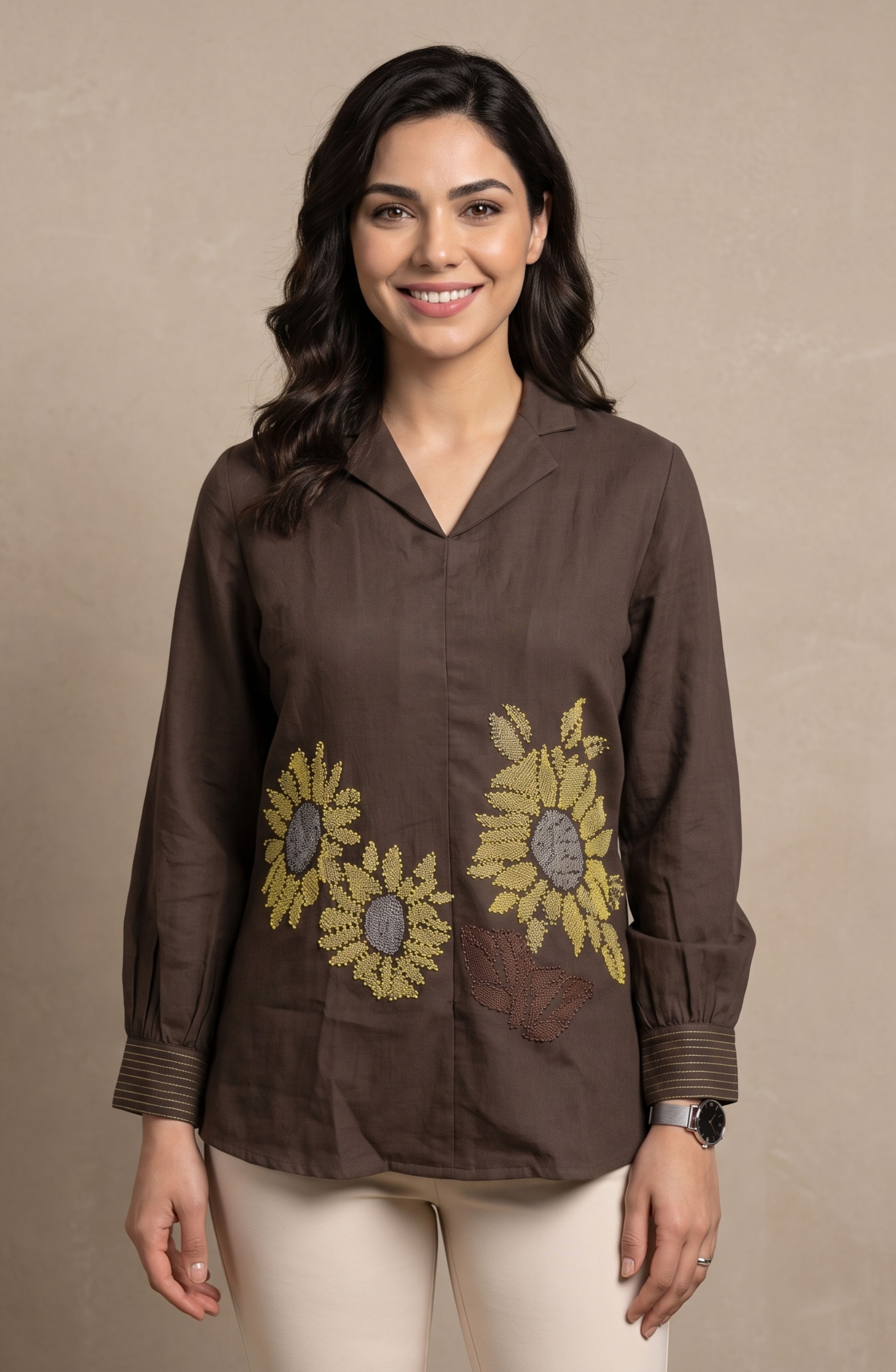 Brown Sunflower Embellished Shirt