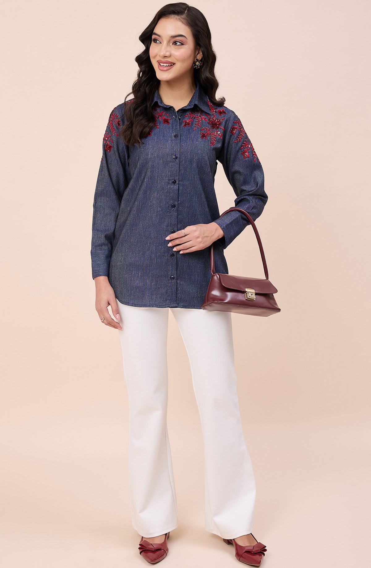 Cotton Denim Red Sequin Embellished Shirt