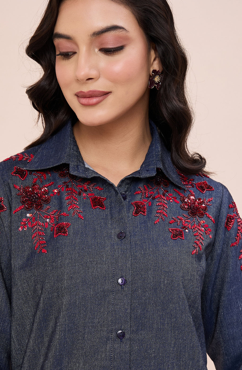 Cotton Denim Red Sequin Embellished Shirt