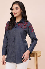 Cotton Denim Red Sequin Embellished Shirt