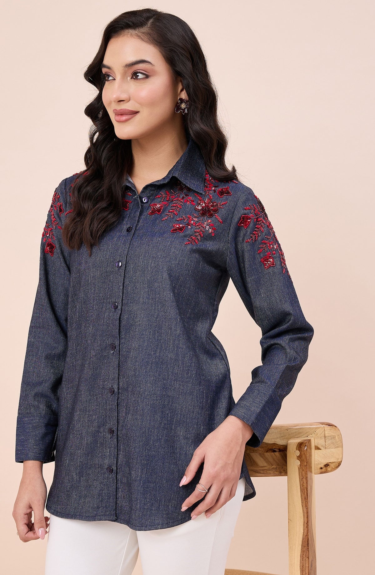 Cotton Denim Red Sequin Embellished Shirt