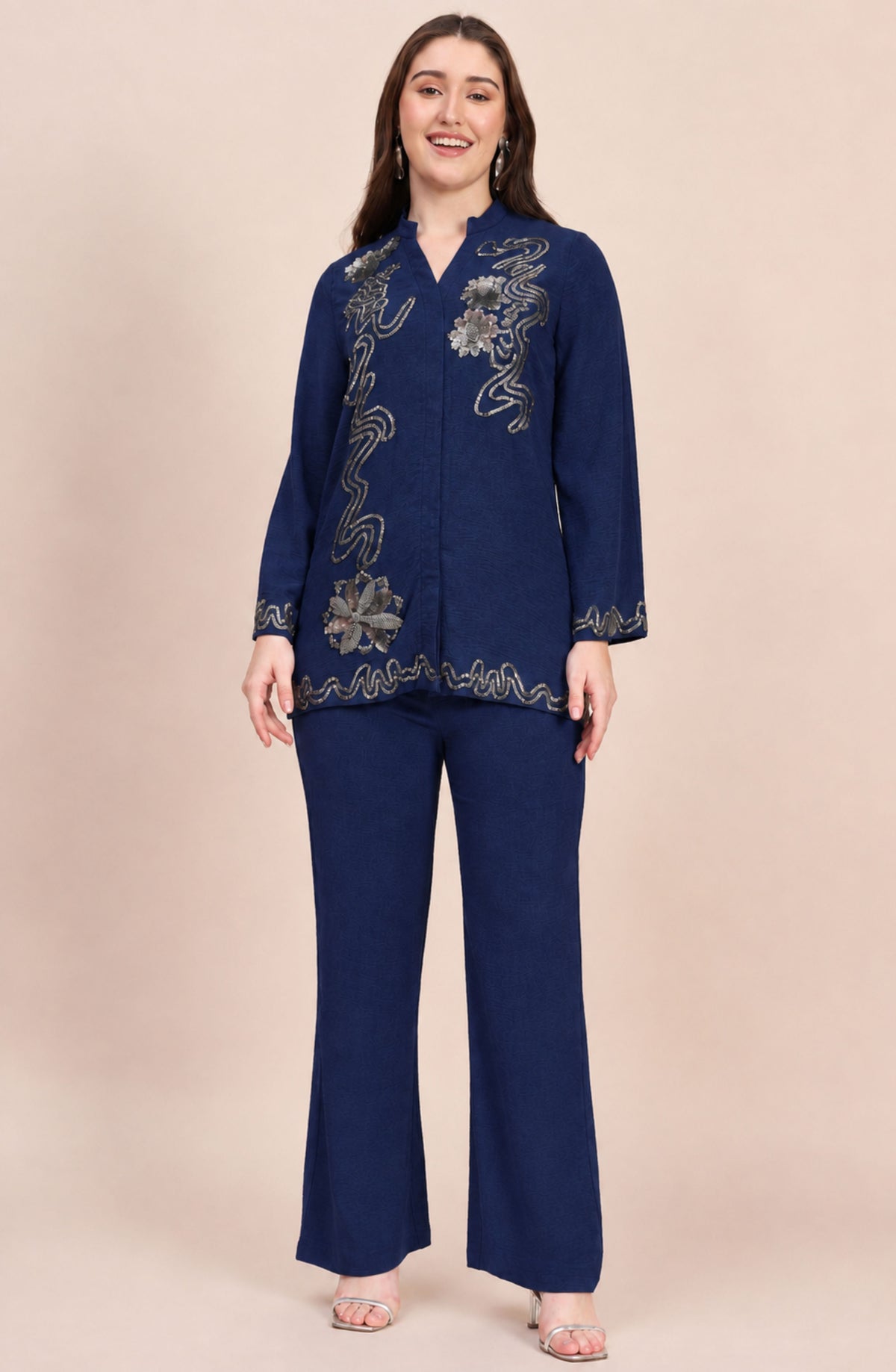 Navy Co-ord Set with Silver Sequin Vine & Floral Embroidery