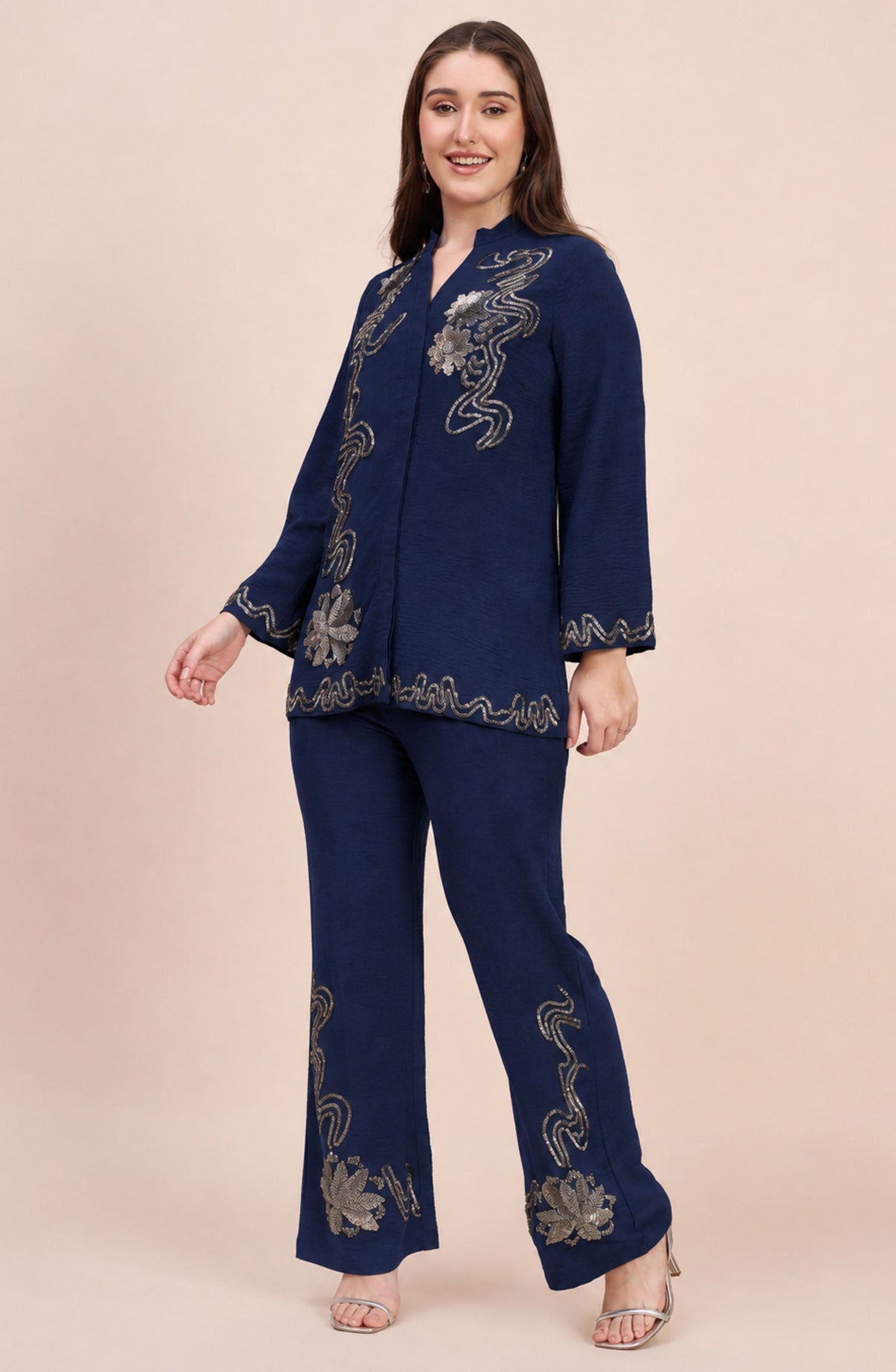 Navy Co-ord Set with Silver Sequin Vine & Floral Embroidery