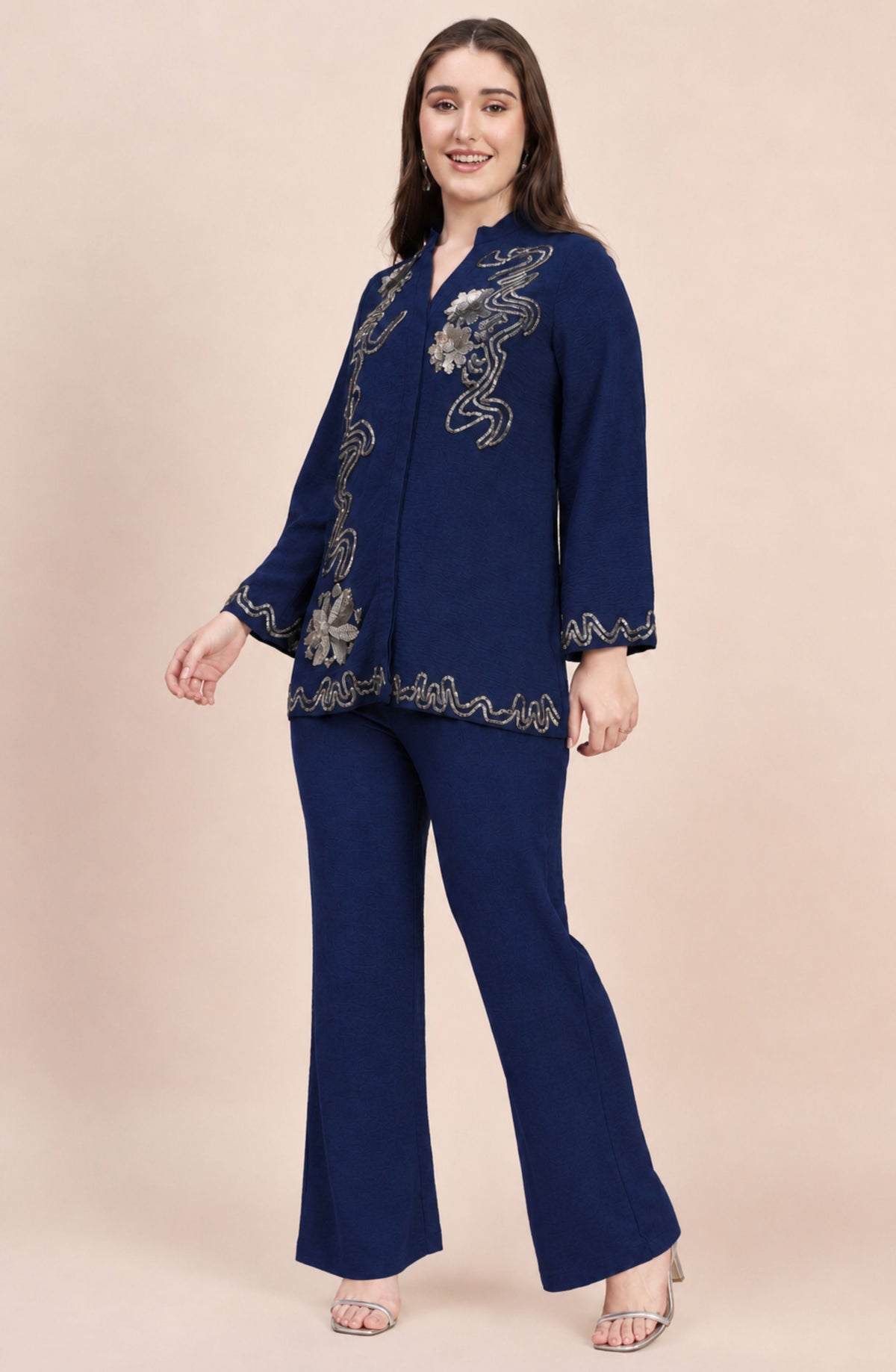 Navy Co-ord Set with Silver Sequin Vine & Floral Embroidery