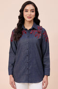 Cotton Denim Red Sequin Embellished Shirt
