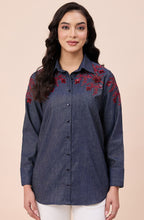 Cotton Denim Red Sequin Embellished Shirt