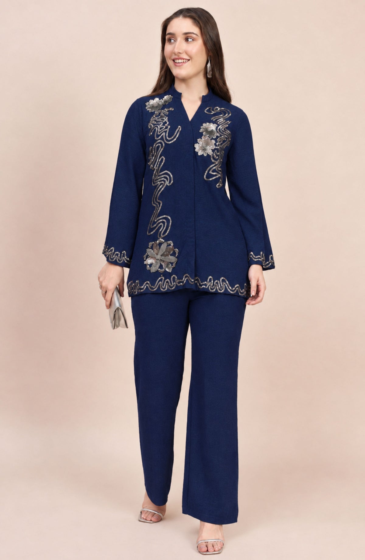 Navy Co-ord Set with Silver Sequin Vine & Floral Embroidery