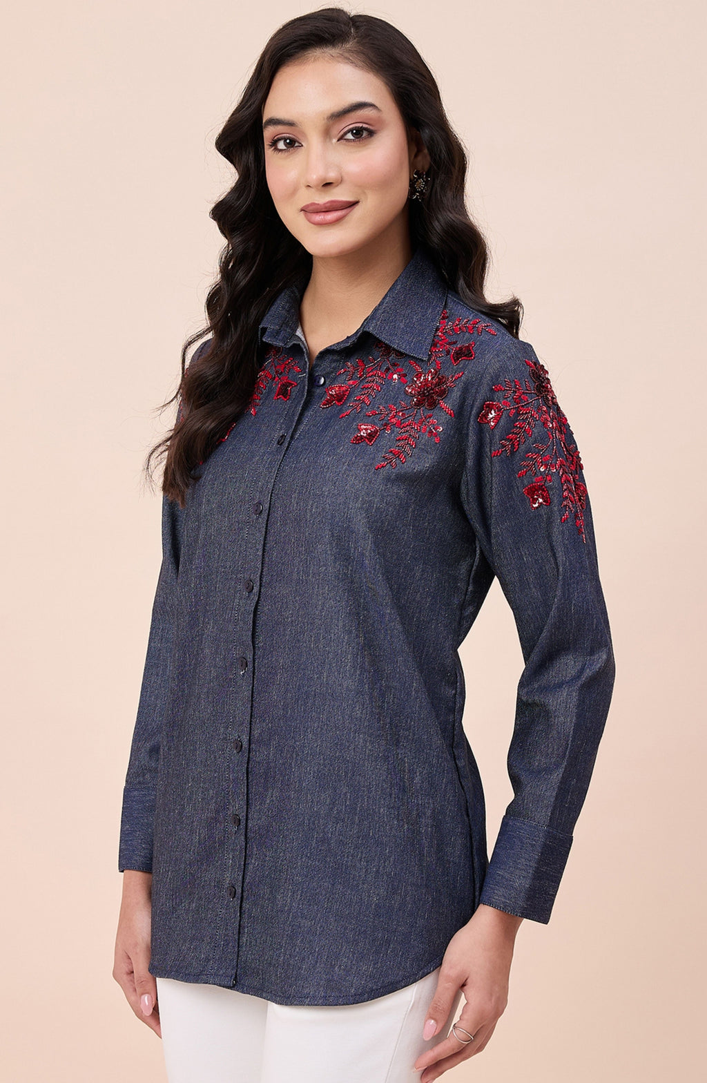 Cotton Denim Red Sequin Embellished Shirt