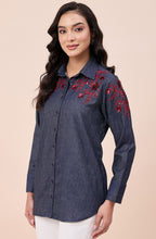 Cotton Denim Red Sequin Embellished Shirt