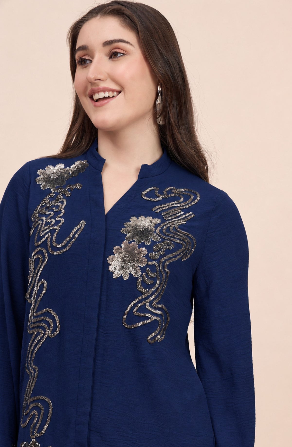 Navy Co-ord Set with Silver Sequin Vine & Floral Embroidery