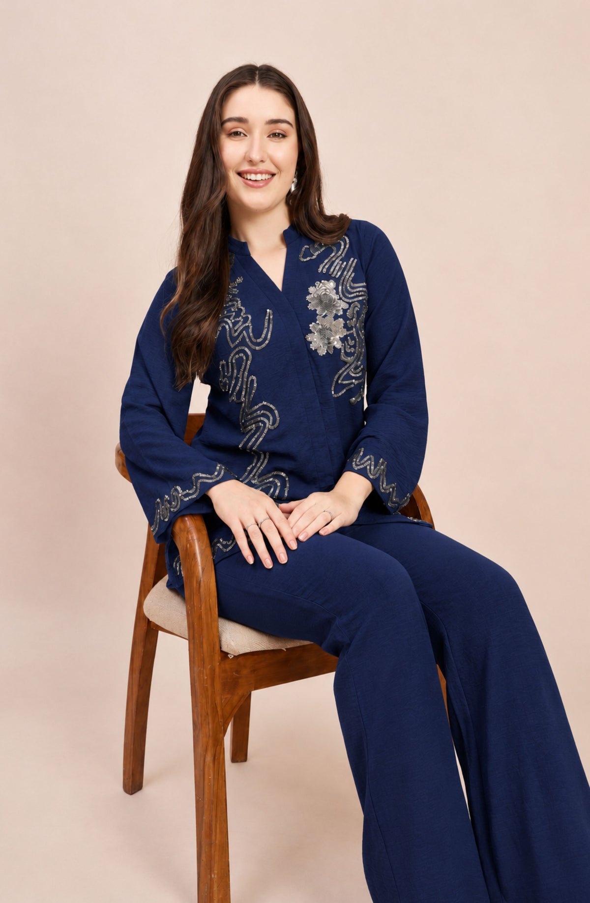 Navy Co-ord Set with Silver Sequin Vine & Floral Embroidery