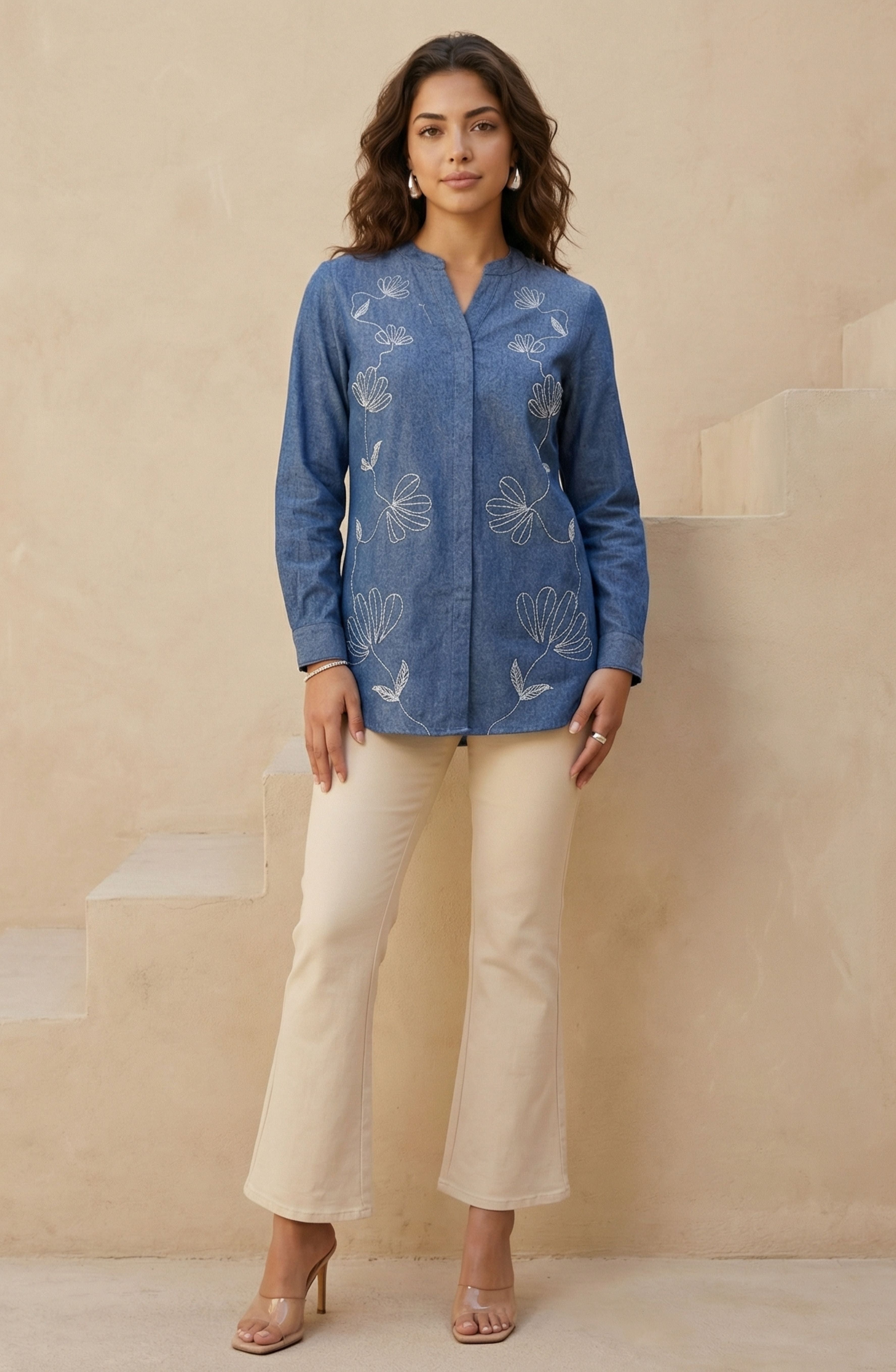 Blue Cotton Denim Floral Embroidered Shirt
