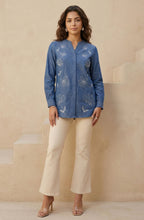 Blue Cotton Denim Floral Embroidered Shirt