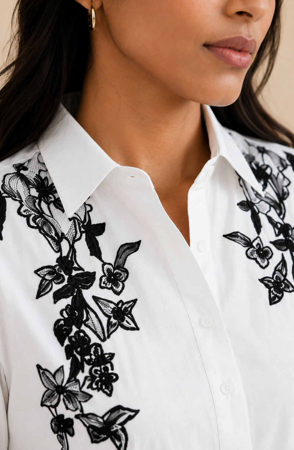 White Black Cotton Embroidered Shirt