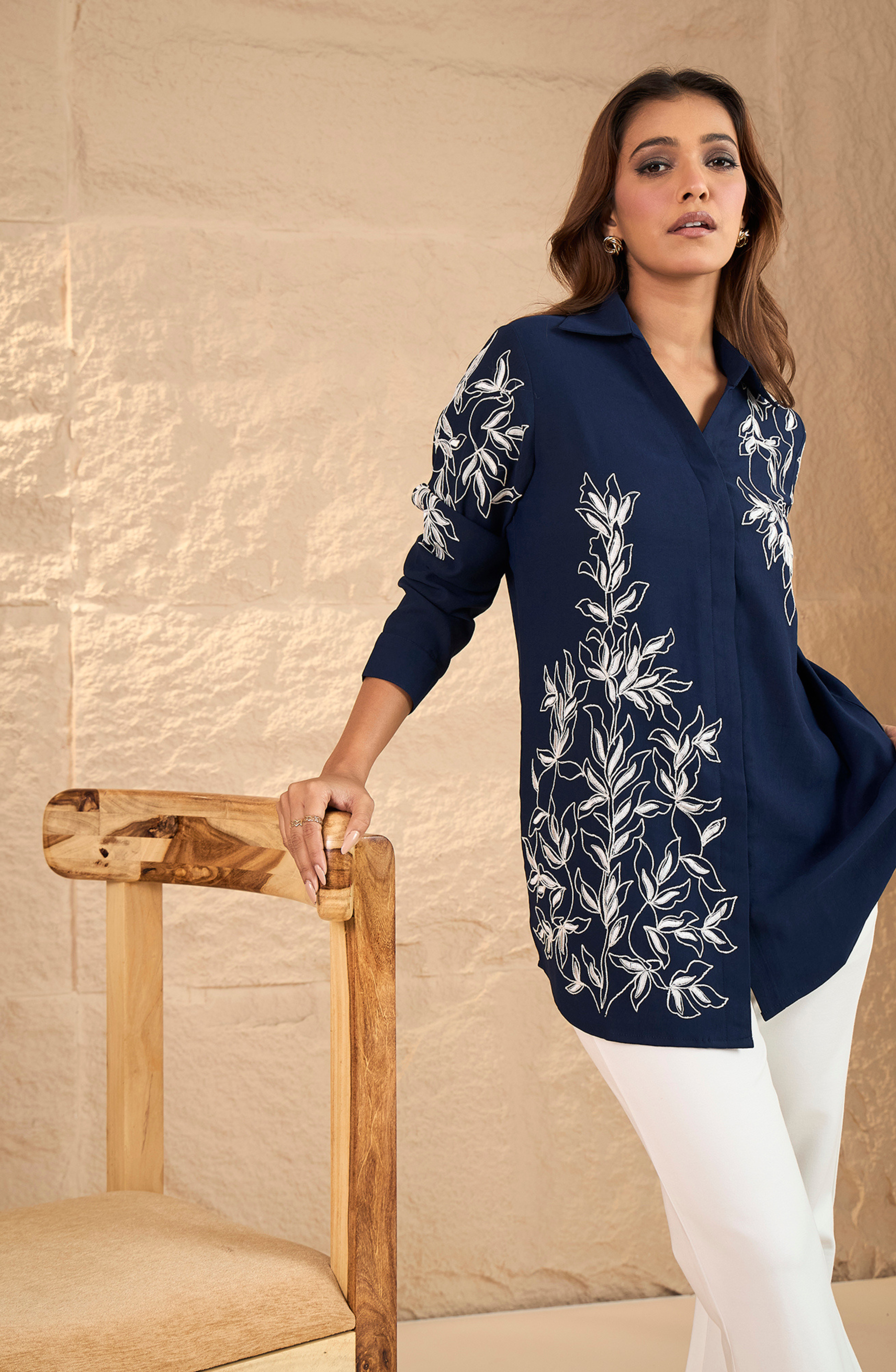 Navy Blue Embroidered Shirt